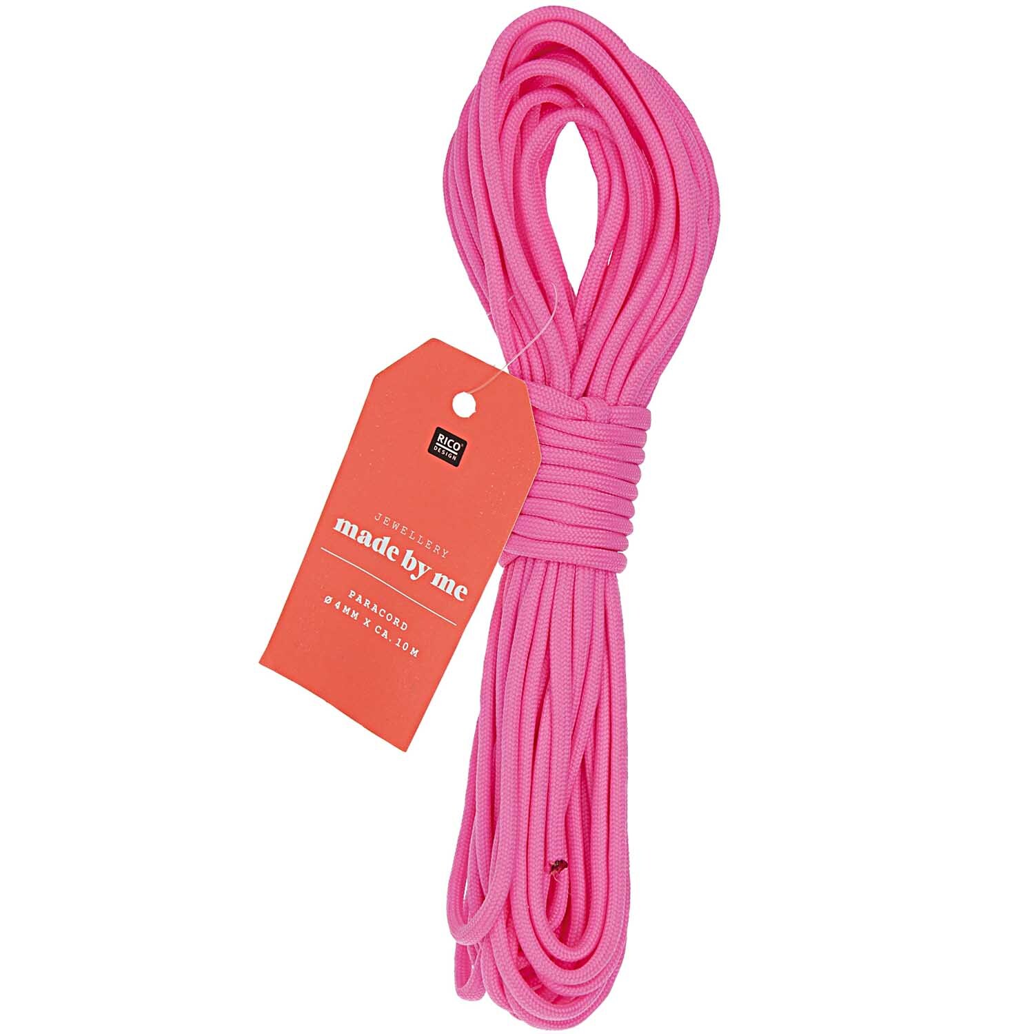 Paracord Band neonpink 4mm 10m von Rico Design, ideal für kreative Projekte, zeigt ein leuchtend pinkes Seil mit Etikett.