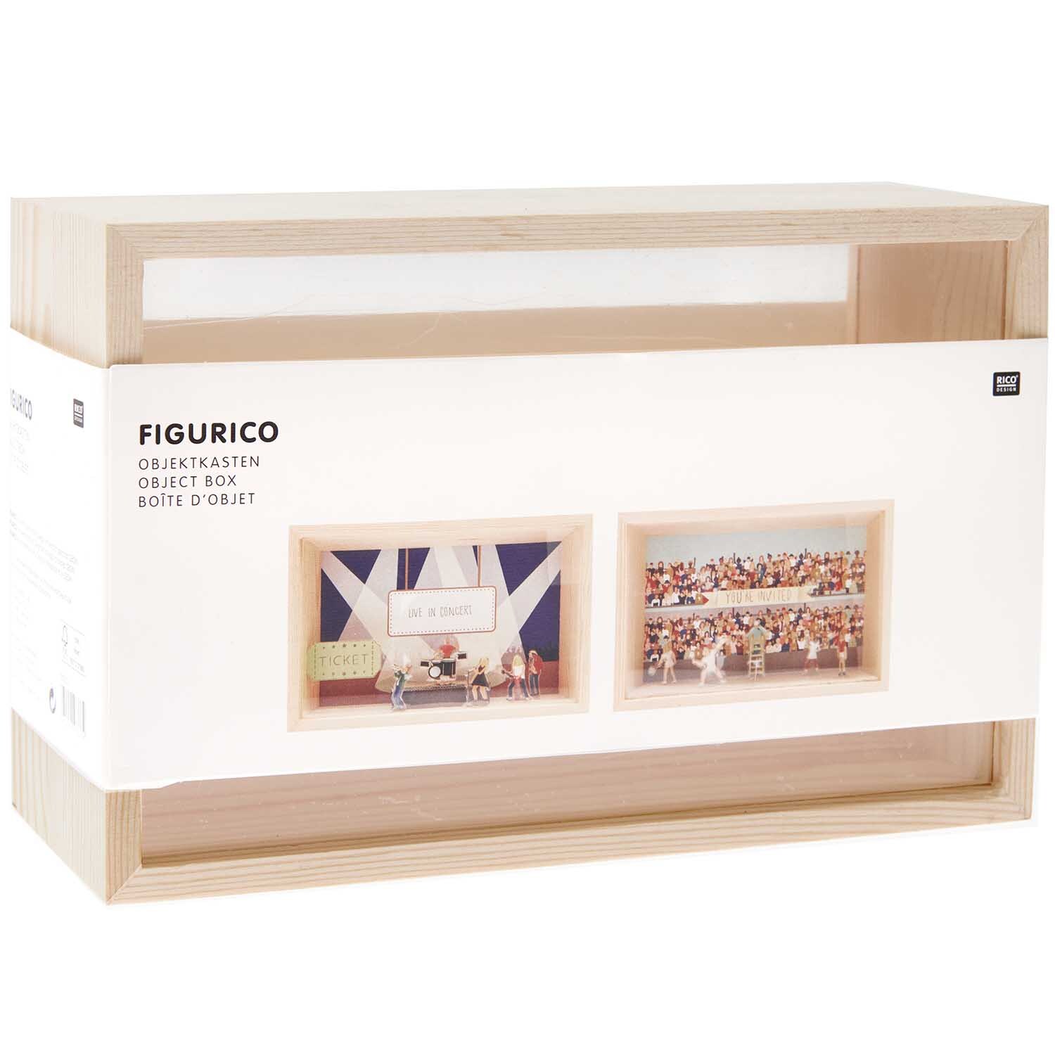 Figurico Objektkasten mit 2 Acrylscheiben von Rico Design, zeigt zwei dekorative Szenen in einem Holzrahmen.
