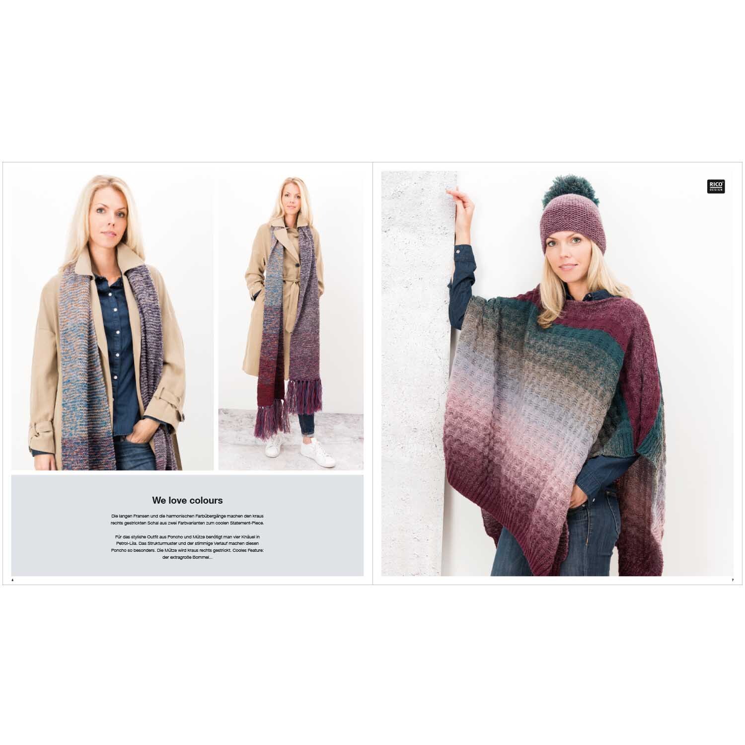 Publikation Wool Dégradé Special: Frau in farbenfrohem Poncho und Mütze von Rico Design, posiert vor weißer Wand.