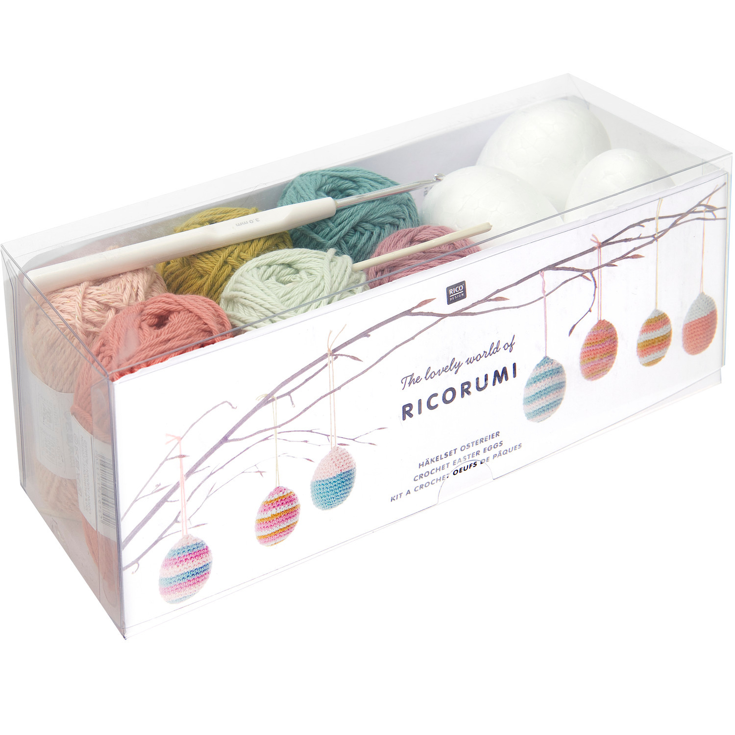 Häkelset Ricorumi Ostereier earthy, 15-teilig, enthält bunte Garne und Häkelnadel in dekorativer Verpackung von Rico Design.