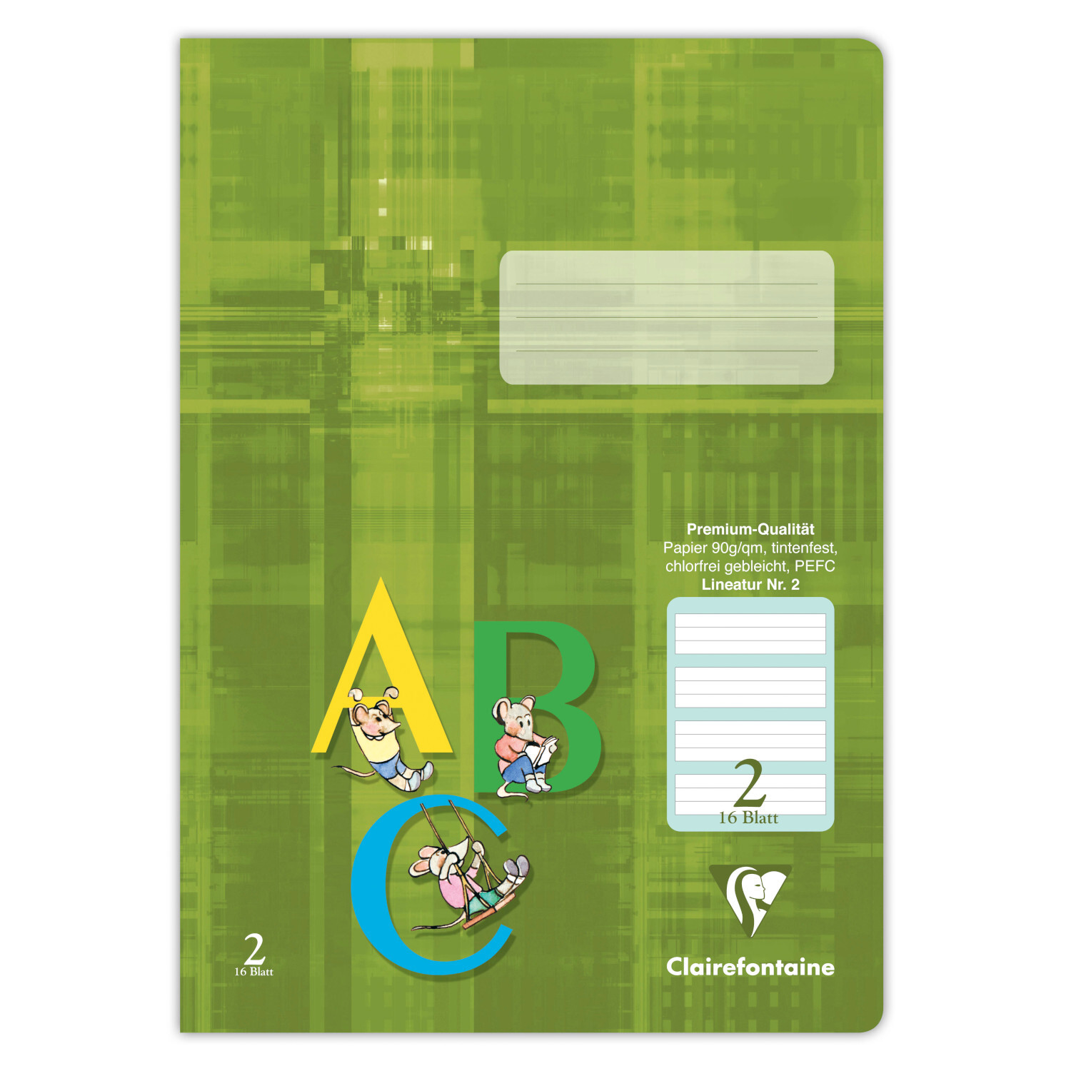 Schulheft Khaki A4 liniert 16 Blatt, Clairefontaine, grün mit ABC-Motiv und 90g/m² Papier.
