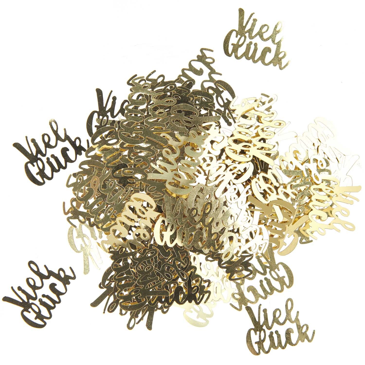 Flitter "Viel Glück" gold 100 Stück von Rico Design zeigt goldene Schriftzüge auf einem Haufen.
