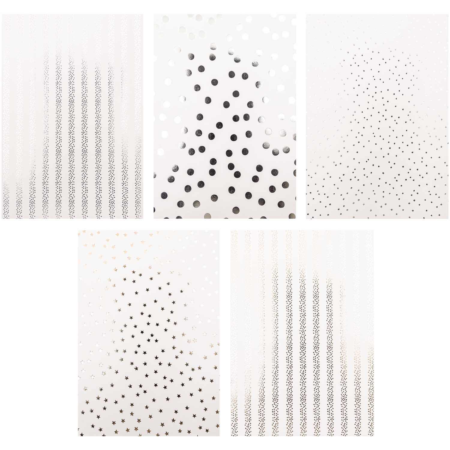 Paper Poetry Motivpapier Block zeigt fünf Blätter mit verschiedenen Punktmustern in Schwarz-Weiß. Ideal für kreative Bastelprojekte.