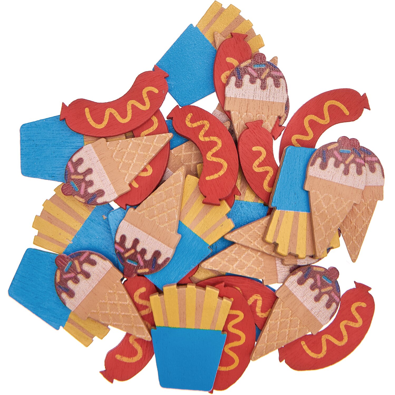Holzstreu Snack Mix 36 Stück: Bunte Holzstreuteile in Form von Pommes, Eis und Würstchen. Ideal für kreative Bastelprojekte.