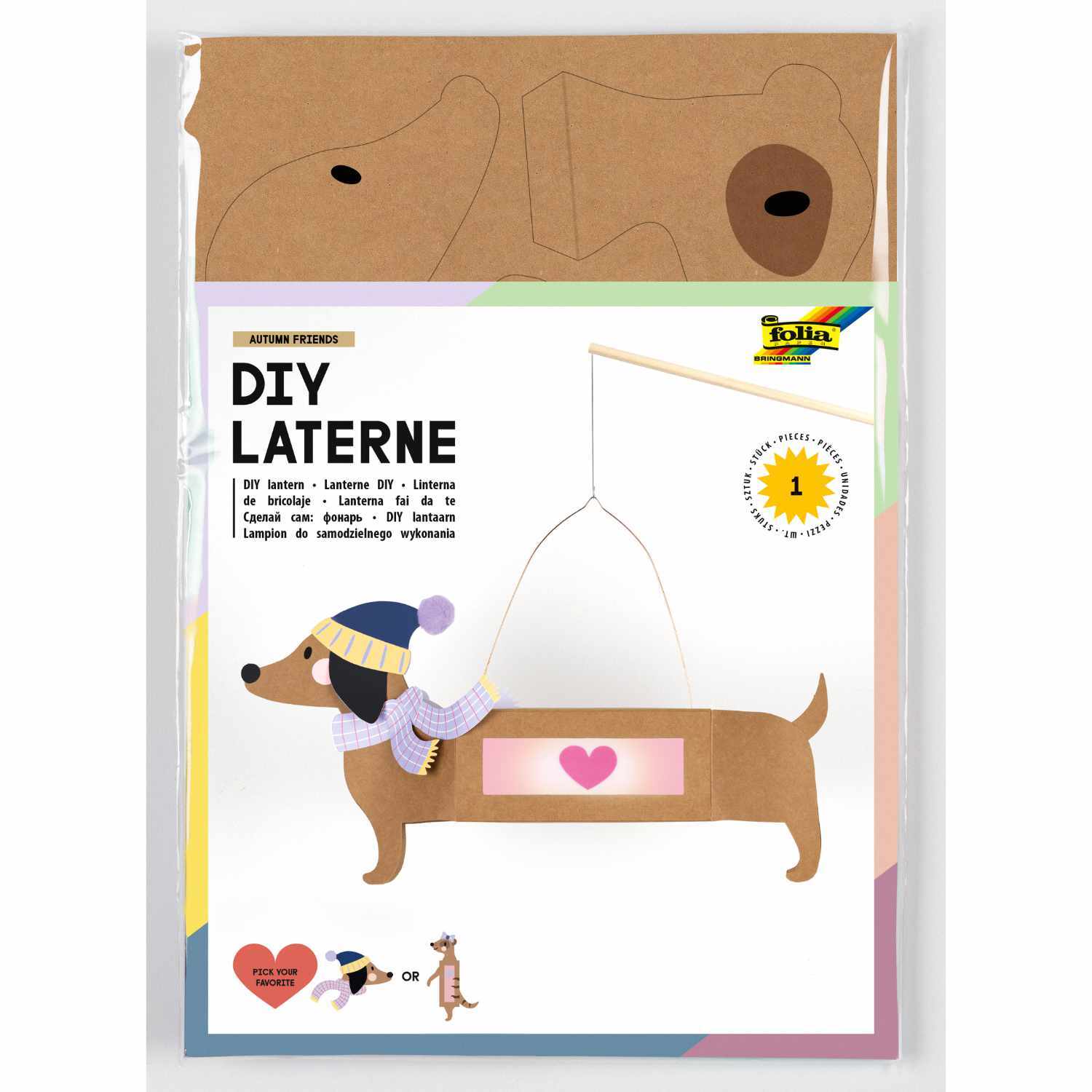 Bastelset Laterne Autumn Friends zeigt eine DIY-Laterne in Form eines Hundes mit Schal und Mütze.