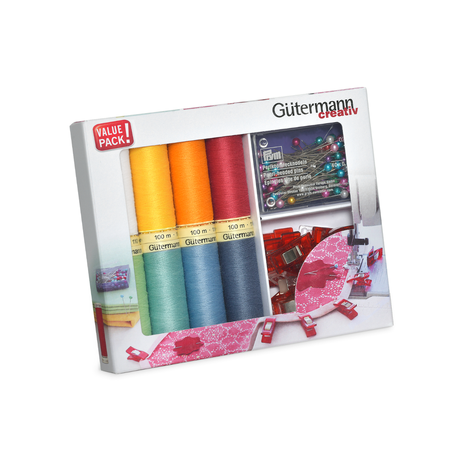 Nähfaden Set mit Clips und Stecknadeln von Gütermann, bunte Fäden und Zubehör in einer Box.