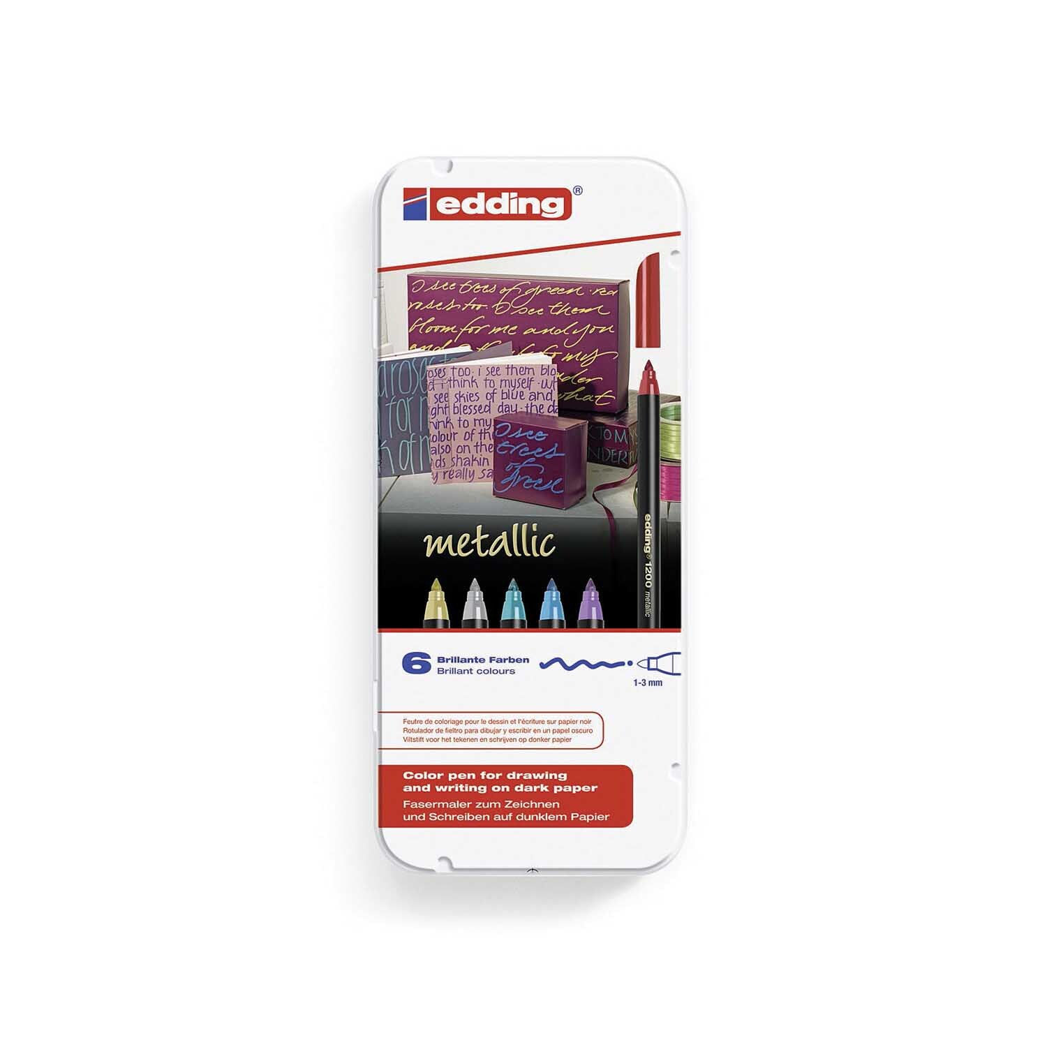 1200 color metallic 6 Stück: Eine Packung edding Stifte in verschiedenen metallischen Farben, ideal zum Zeichnen und Schreiben auf dunklem Papier.
