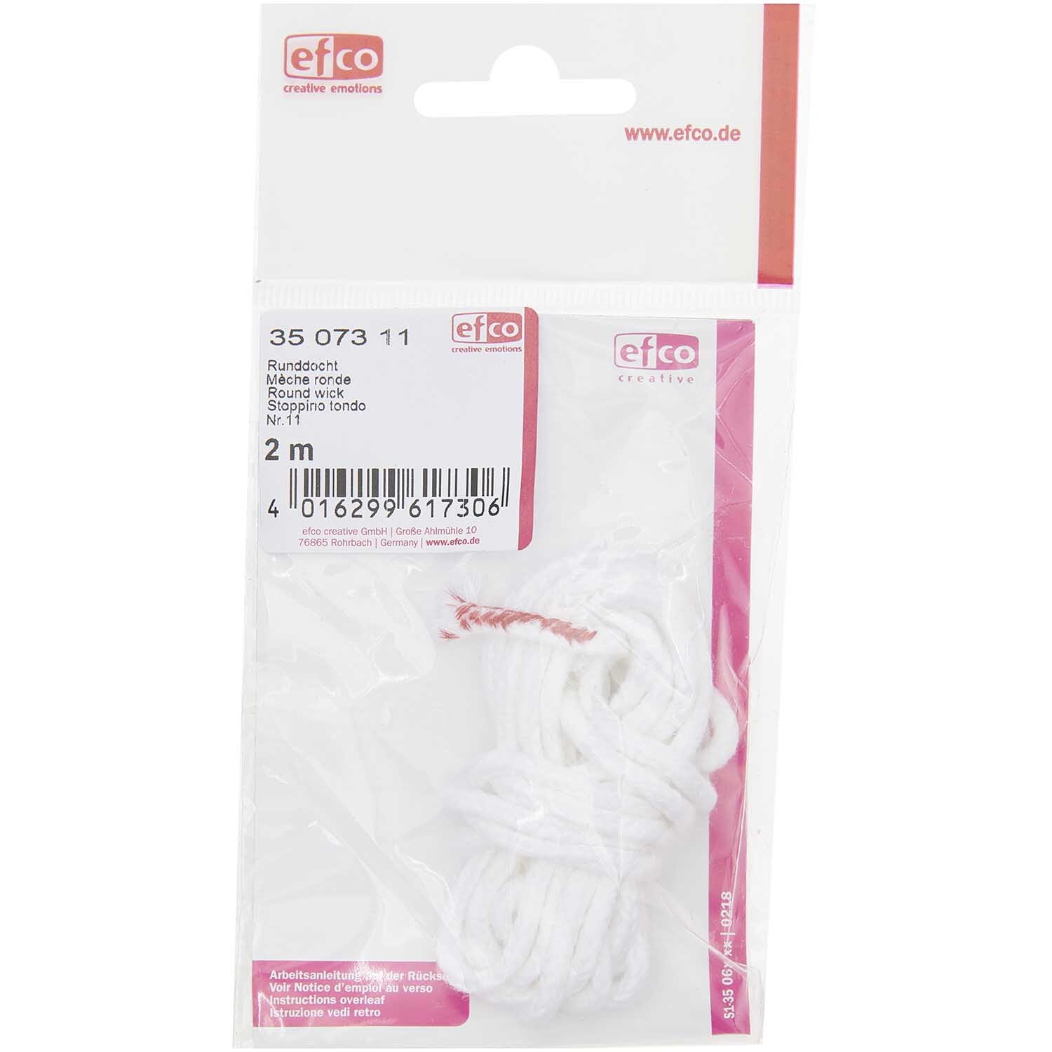 Runddocht ungewachst Nr.11, 2m, in weiß von efco. Verpackung zeigt weißen Docht in Plastiktüte.