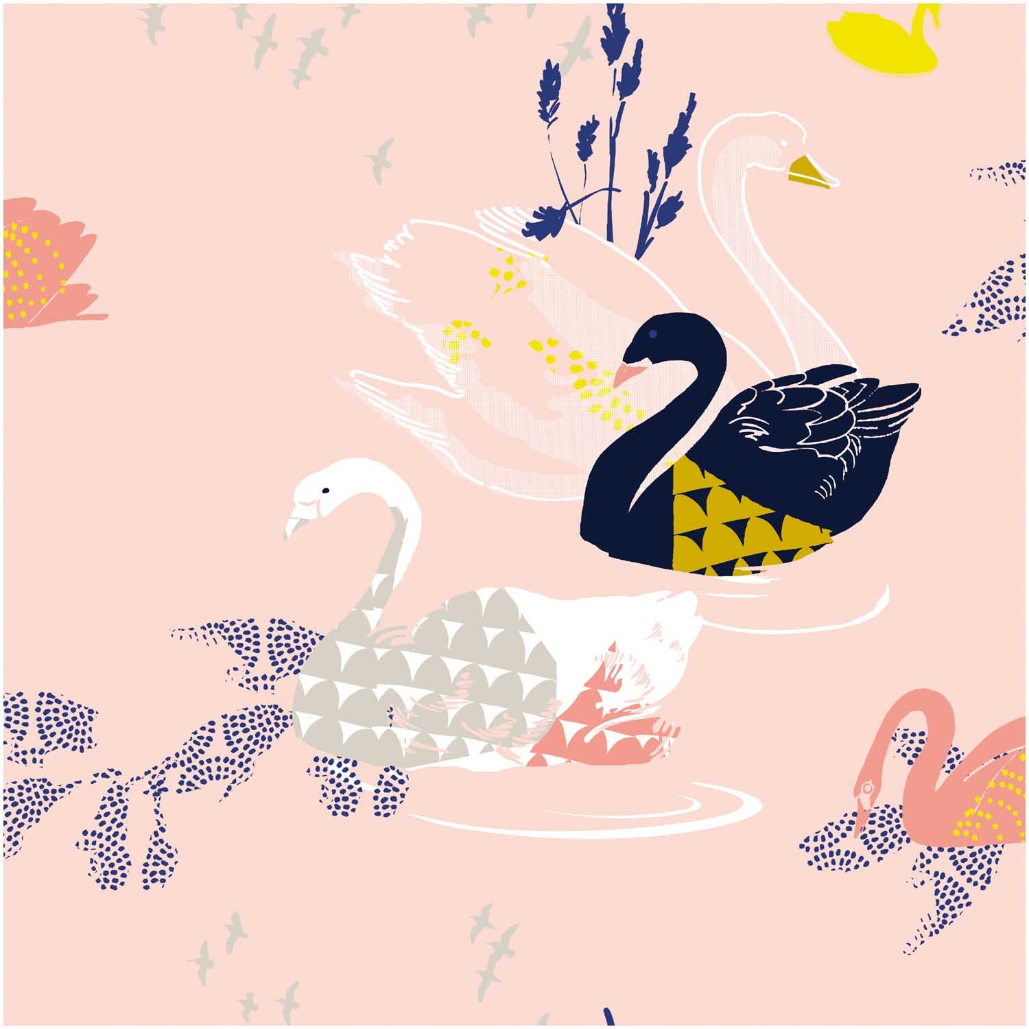 Druckstoff Okina Hana zeigt elegante Schwäne in Rosa und Schwarz auf einem beschichteten Stoff von Rico Design.