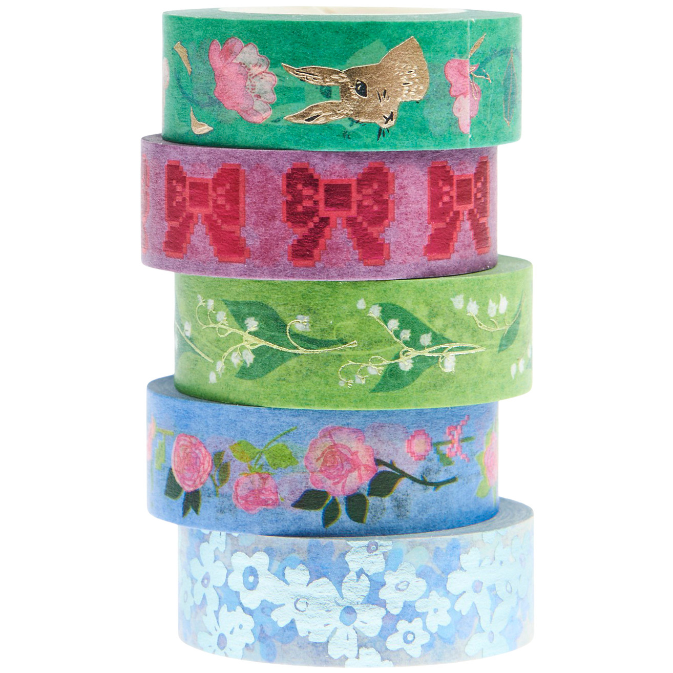 Paper Poetry Tape Set La Vie En Rose Grün/Blau, 5-teilig, mit floralen und tierischen Mustern, ideal für kreative Projekte.