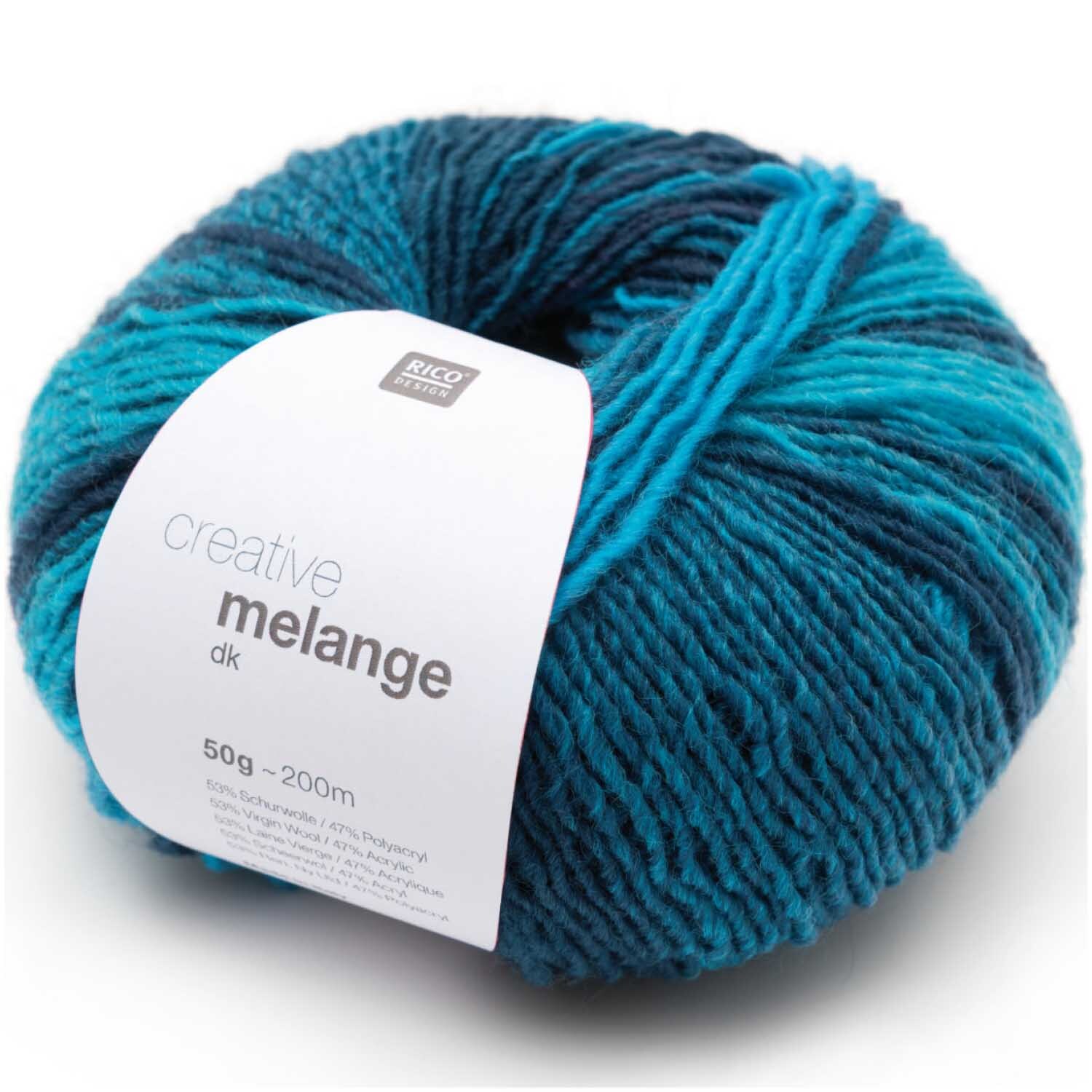 Creative Melange dk, Wolle von Rico Design in Blau- und Türkistönen, 50g 195m, ideal zum Stricken.