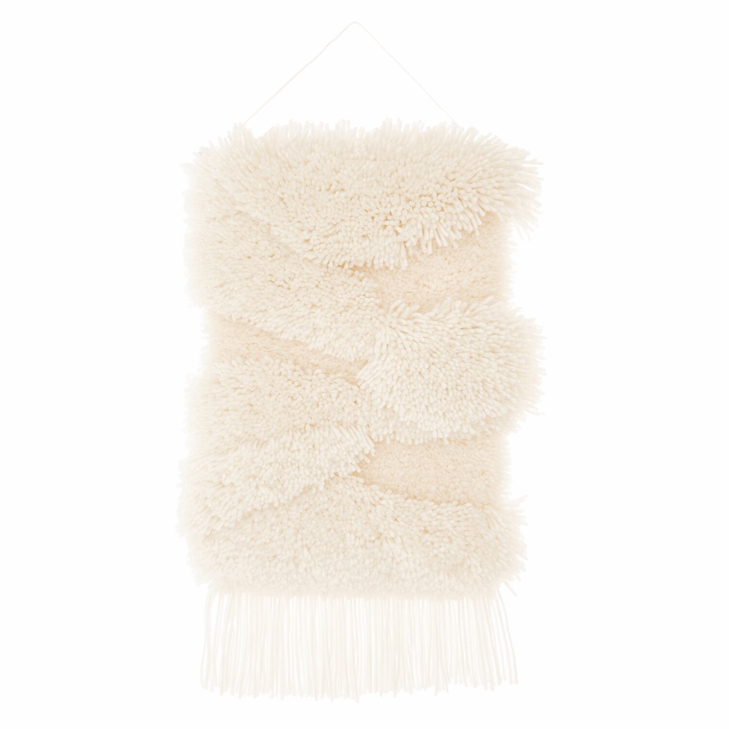 Rico Hooki Hooki Knüpfgarn: Wandbehang in Offwhite mit flauschiger Textur, ideal für moderne Wohnräume. Maße: 6,5cm x 10cm x 13cm.