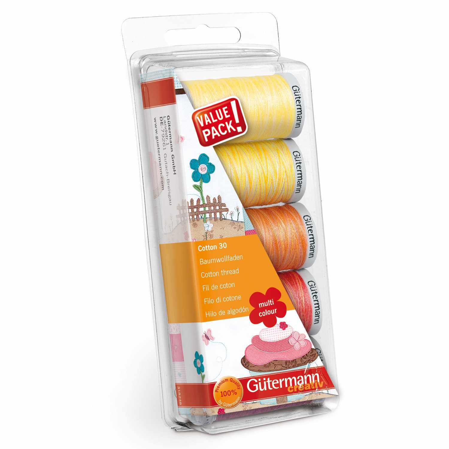 Nähfaden Set Cotton 30 gelb/rot 5x 300m von Gütermann, präsentiert in einer transparenten Verpackung. Ideal für vielseitige Nähprojekte.