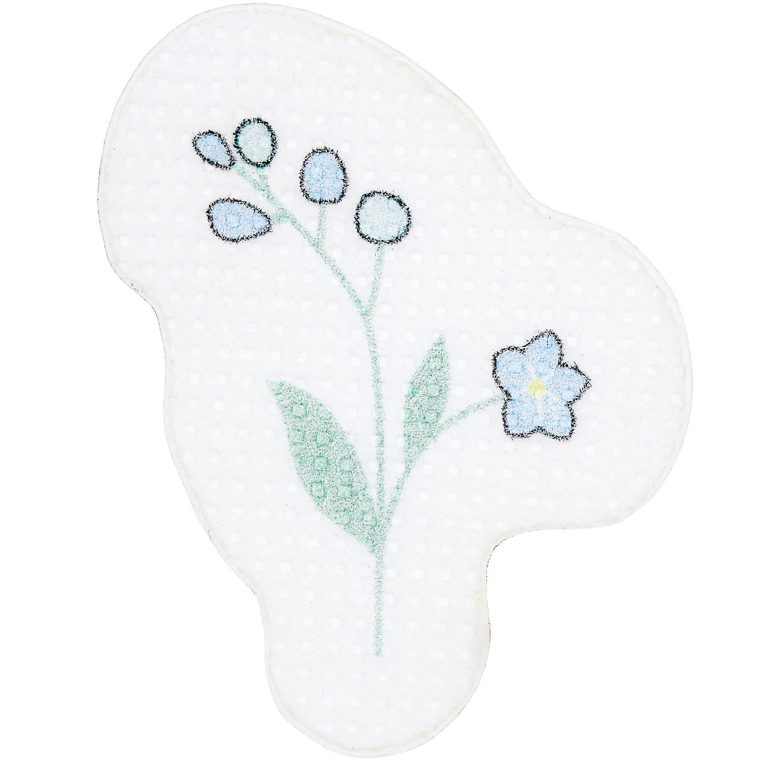 Stick and Stitch Blümchen von Rico Design zeigt ein gesticktes Blumenmotiv auf weißem Stoff. Ideal für kreative Nähprojekte.