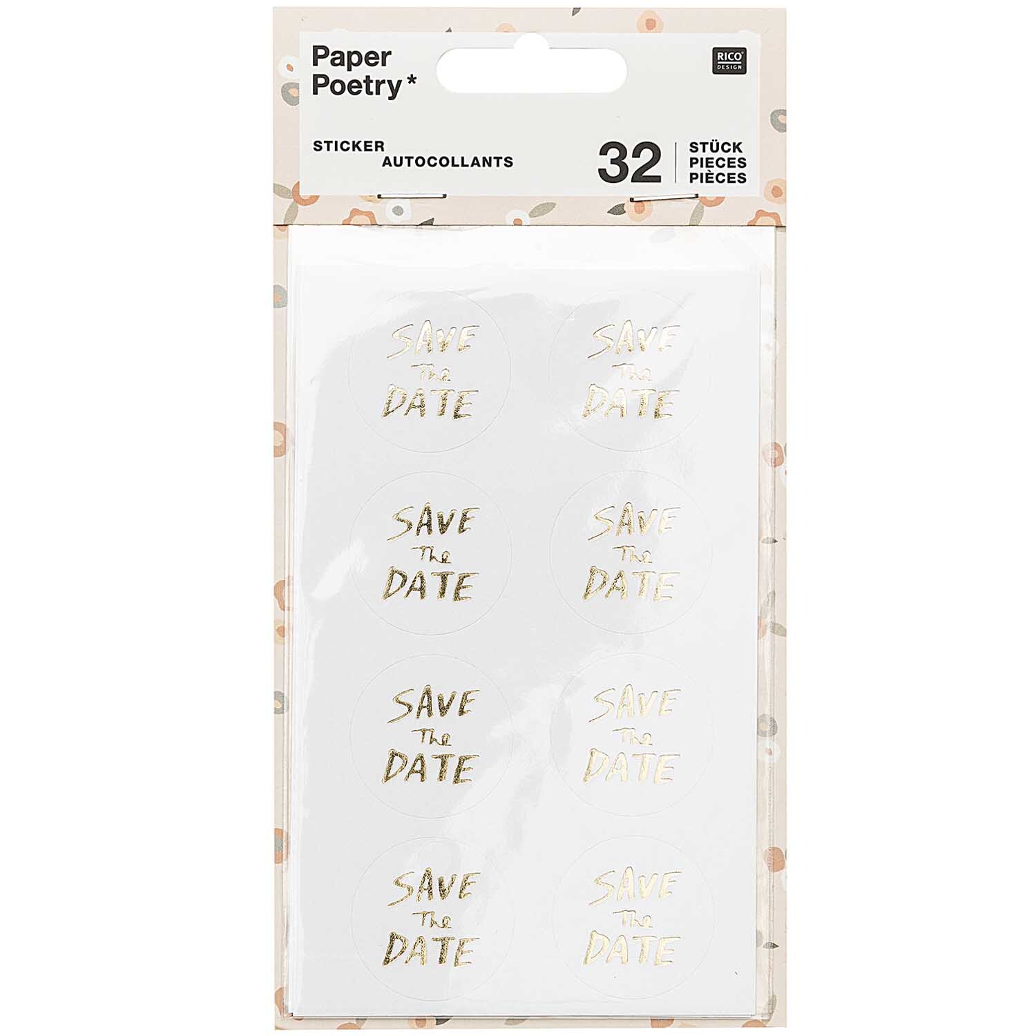 Paper Poetry Sticker Save the Date gold 4 Blatt, 32 Stück. Elegante, goldene Schrift auf weißem Hintergrund, ideal für Einladungen.