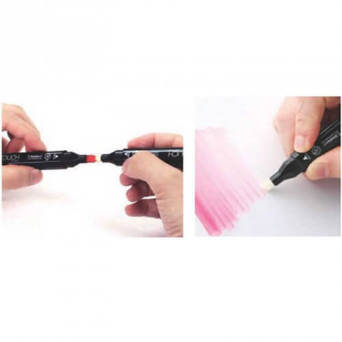 Twin Brush Marker Colorless Blender 0 von TOUCH in Aktion: Links zwei Marker, rechts ein Marker beim Mischen von Farben auf Papier.
