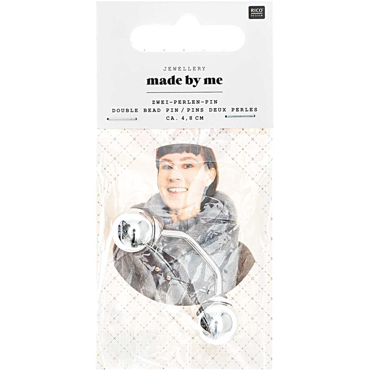 Zwei-Perlen-Pin 48mm von Rico Design in Silber, präsentiert in einer transparenten Verpackung.