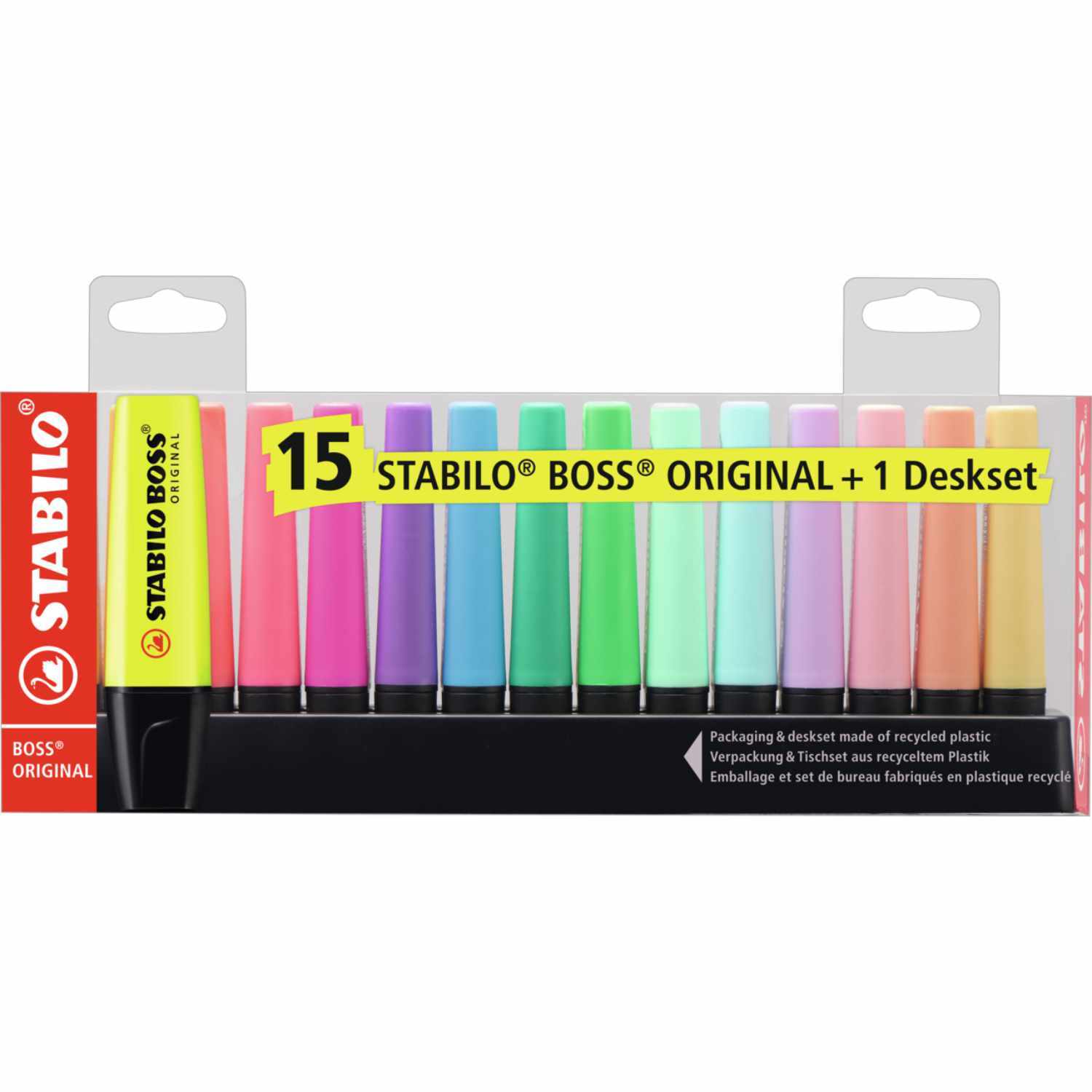 Textmarker Boss Original 15 Stück von STABILO in verschiedenen Farben, verpackt in einer Box.