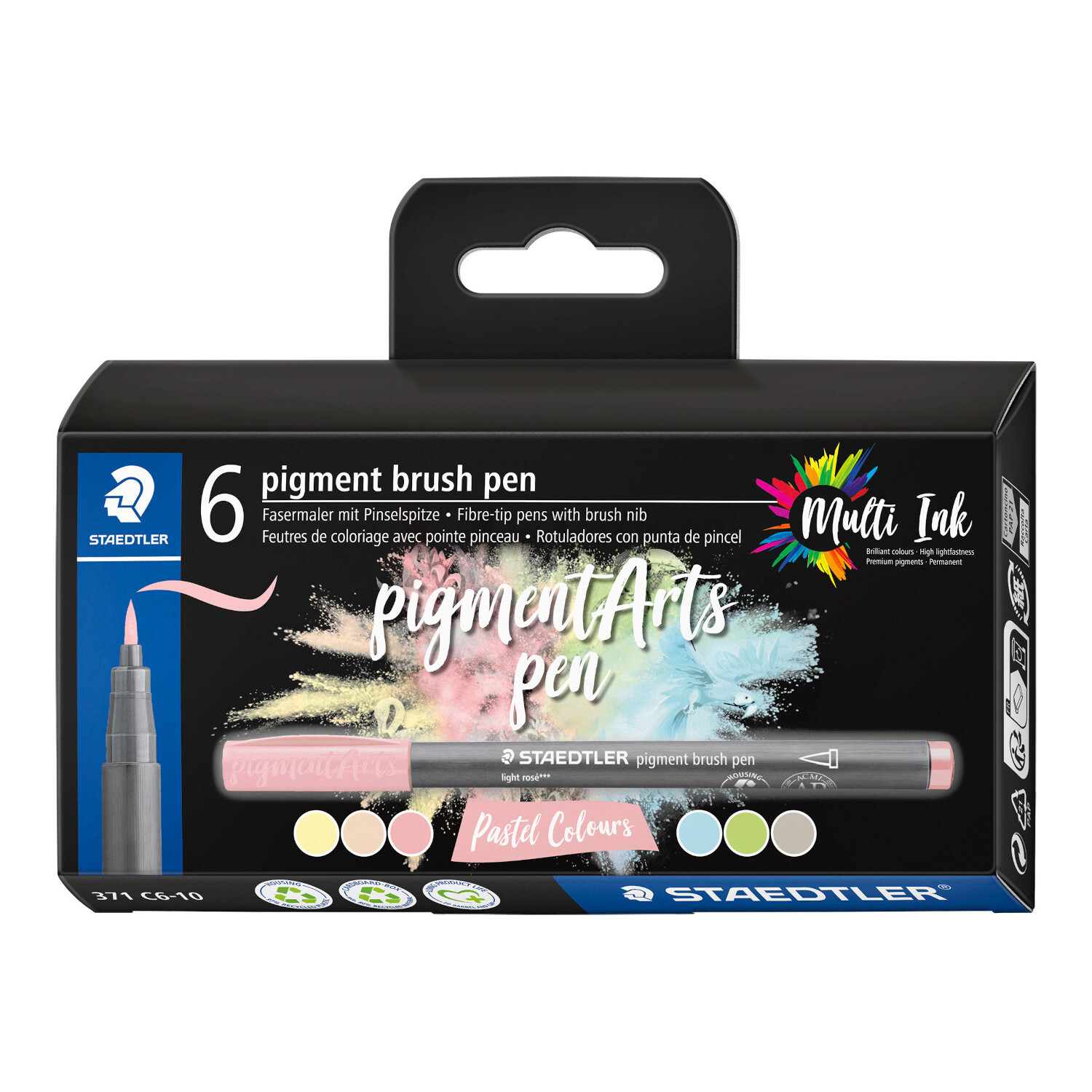 Pigment Brush Pen Pastell Set von Staedtler, 6-teilig, in einer Verpackung mit pastellfarbenen Stiften.