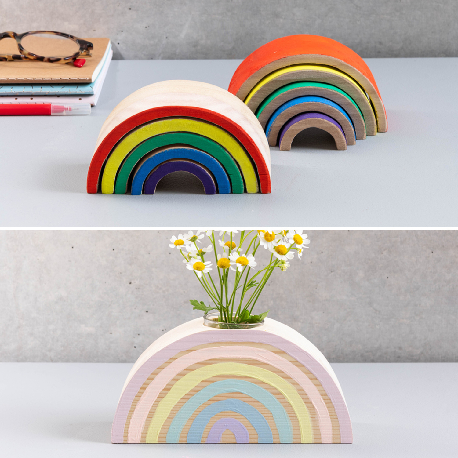 Anleitung kunterbunter Regenbogen: Bunte Holzregenbögen in verschiedenen Größen, einer als Vase mit Blumen.