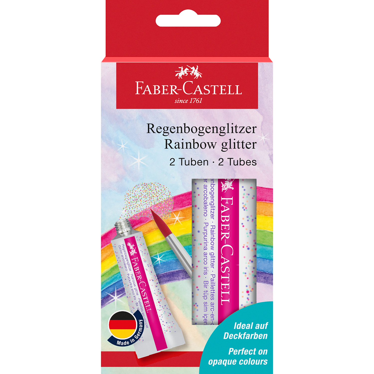 Glitzer Regenbogen: Faber Castell Regenbogenglitzer-Set mit zwei Tuben à 12ml, ideal für Deckfarben. Verpackung zeigt bunte Regenbogenfarben.