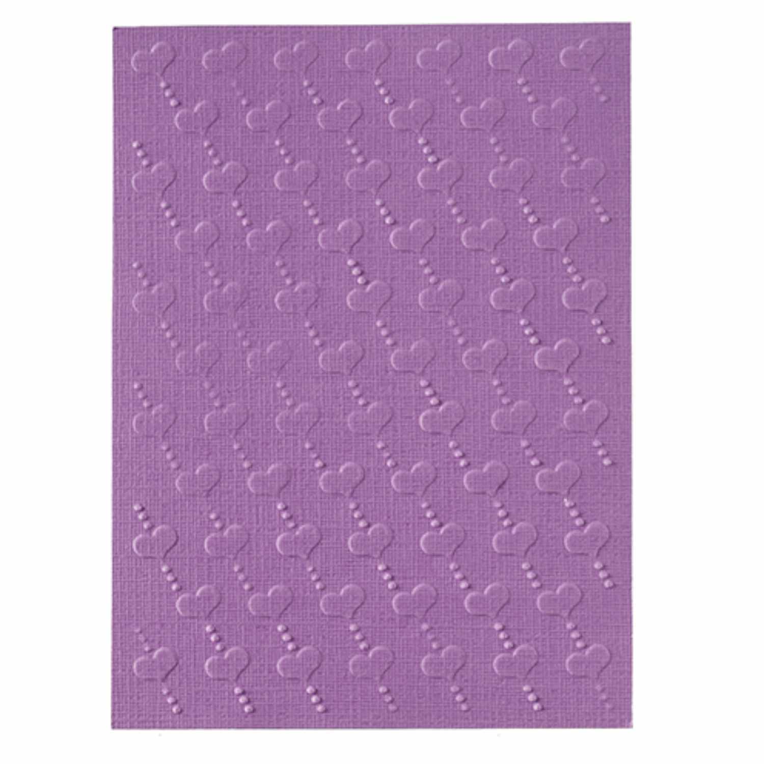 Embossing-Prägeschablone Herzen 10,6x15cm von efco zeigt ein lila Design mit Herzmustern. Ideal für kreative Bastelprojekte.