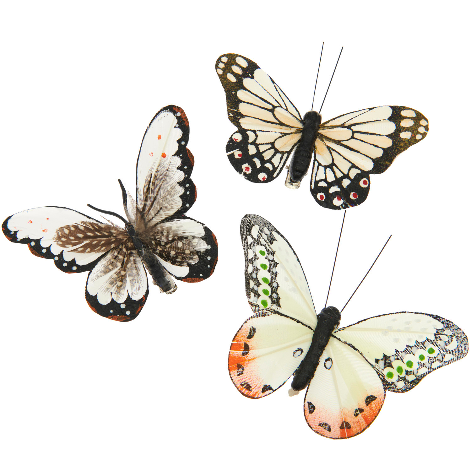 Schmetterling mit Clip Orange: Drei dekorative Schmetterlinge in verschiedenen Designs, ideal für kreative Projekte. Größe: 8,5–10,5 cm.