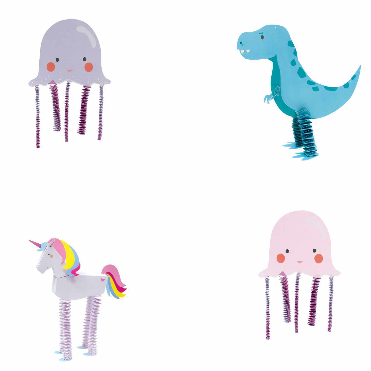 Hexentreppen Bastelset Charming Friends: Vier bunte Figuren, darunter Dinosaurier und Einhorn, auf weißen Hintergrund. Ideal für kreative Bastelprojekte.