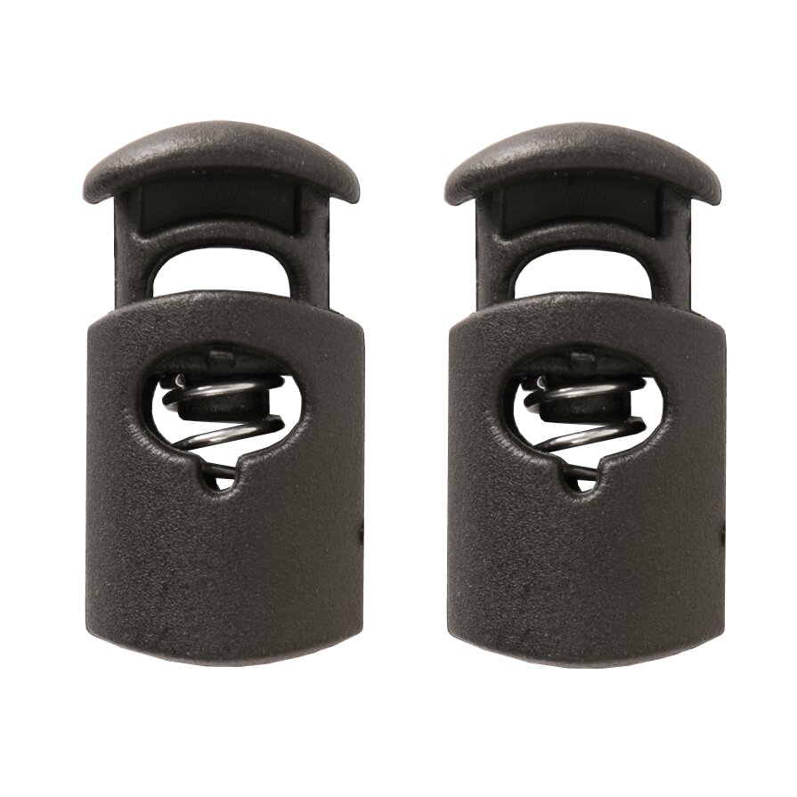 Kordelstopper schwarz, 2 Stück, praktische Federstopper von Rico Design für Kordeln und Bänder in Kleidung, Taschen oder Accessoires, robustes Kunststoffmaterial