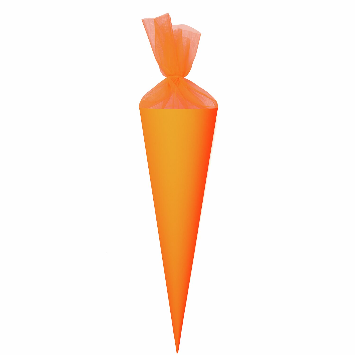 Schultüte Rohling mit Tüllverschluss Neon, 70cm. Leuchtend orange, ideal für den Schulanfang.