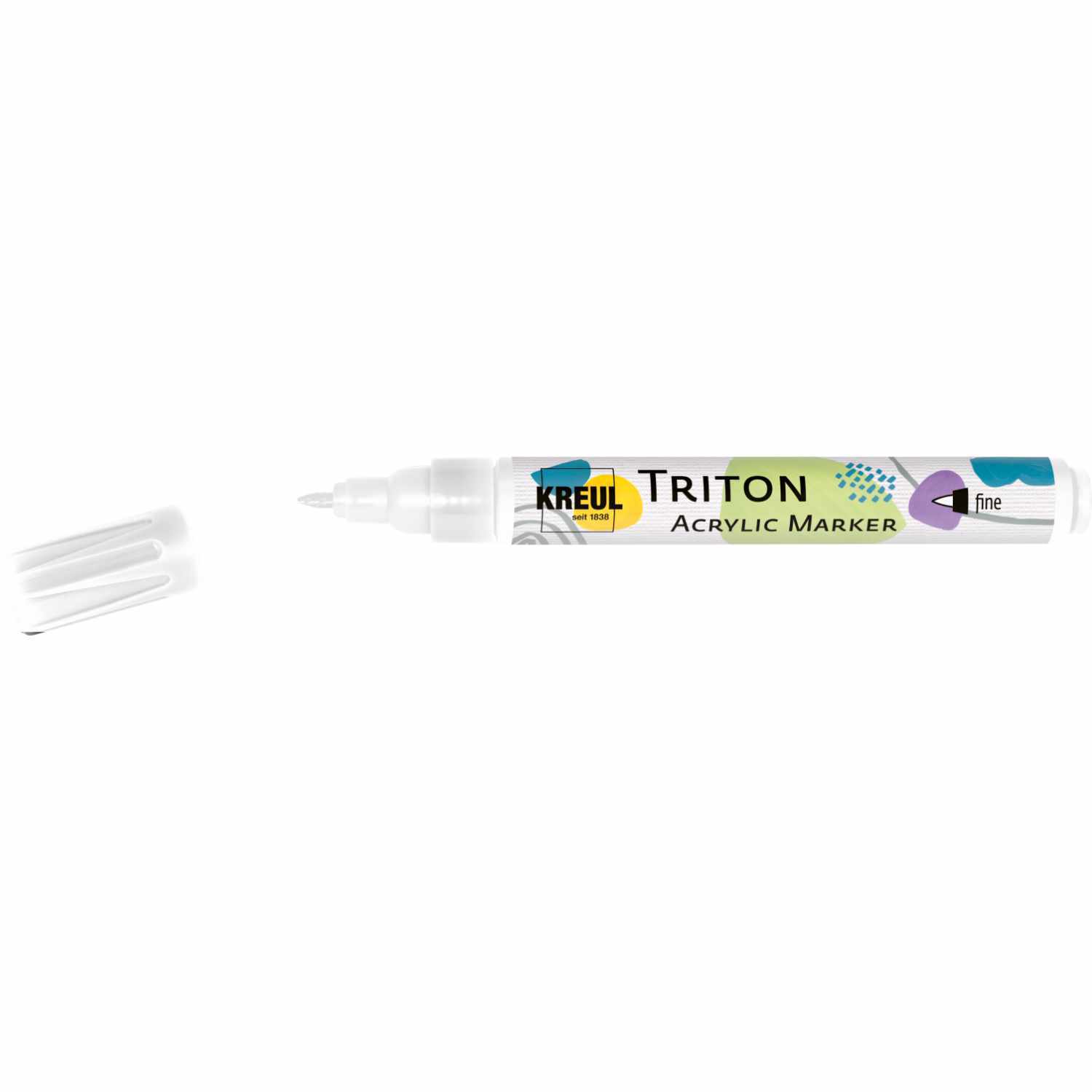 Triton Acrylic Marker fine 1-2mm, weiß, von KREUL, mit abgenommener Kappe, ideal für präzises Zeichnen.