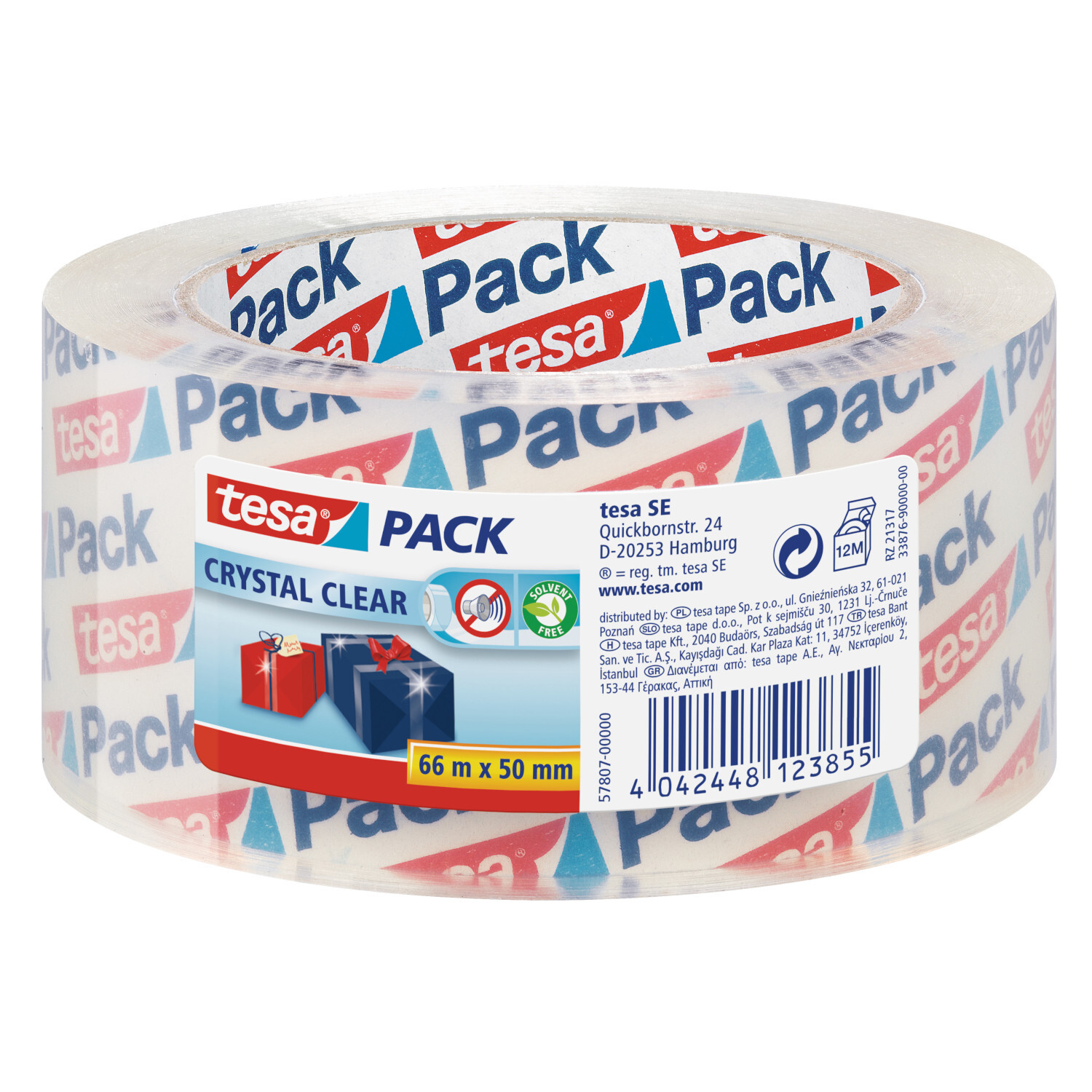 tesapack® kristall-klar Paketband 55mm, transparent, 66m Rolle. Ideal zum sicheren Verpacken und Versiegeln von Kartons.