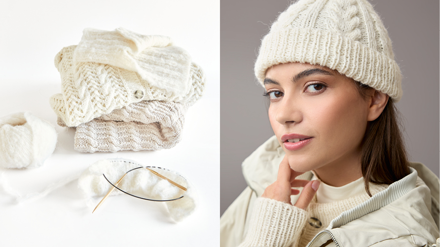Zwei Bilder nebeneinander. Drei verschiedenen gestrickte Oberteile mit Garnknäuel und Strickstück und eine Frau mit einer Mütze aus weißem Garn gestrickt.