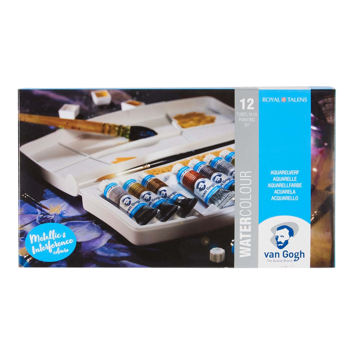 Aquarellfarben-Set Specialty Farben 12x 10ml von van Gogh, zeigt eine Palette mit 12 Tuben in verschiedenen Farben.