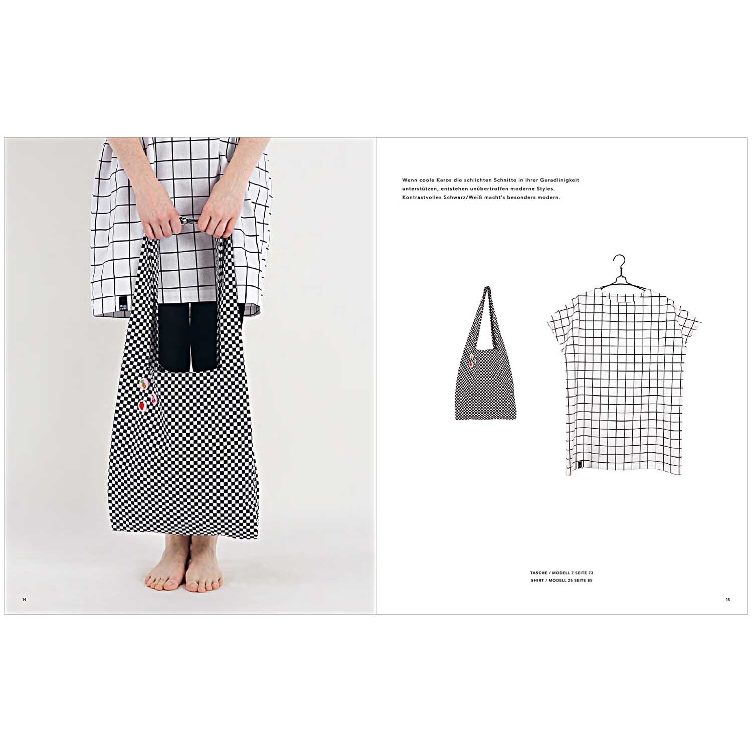 Das große Rico Näh- und Stickbuch zeigt eine Person mit einem karierten Kleid und passender Tasche.