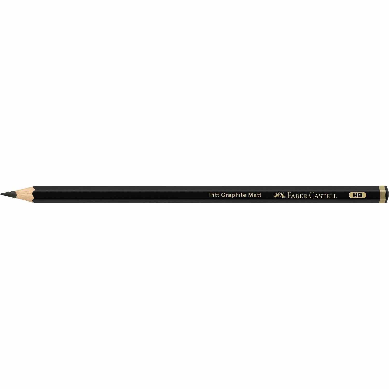Bleistift Pitt Graphite Matt von Faber Castell, schwarz, liegt auf weißem Hintergrund. Ideal für präzises Zeichnen und Skizzieren.