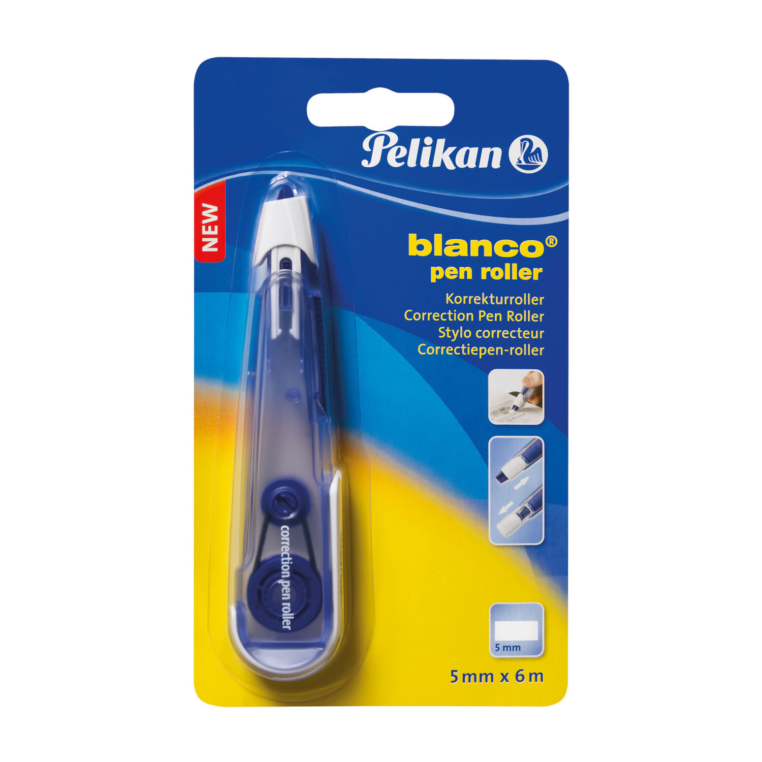 Korrekturroller blanco Pen von Pelikan in blauem Design, verpackt in einer Blisterverpackung.