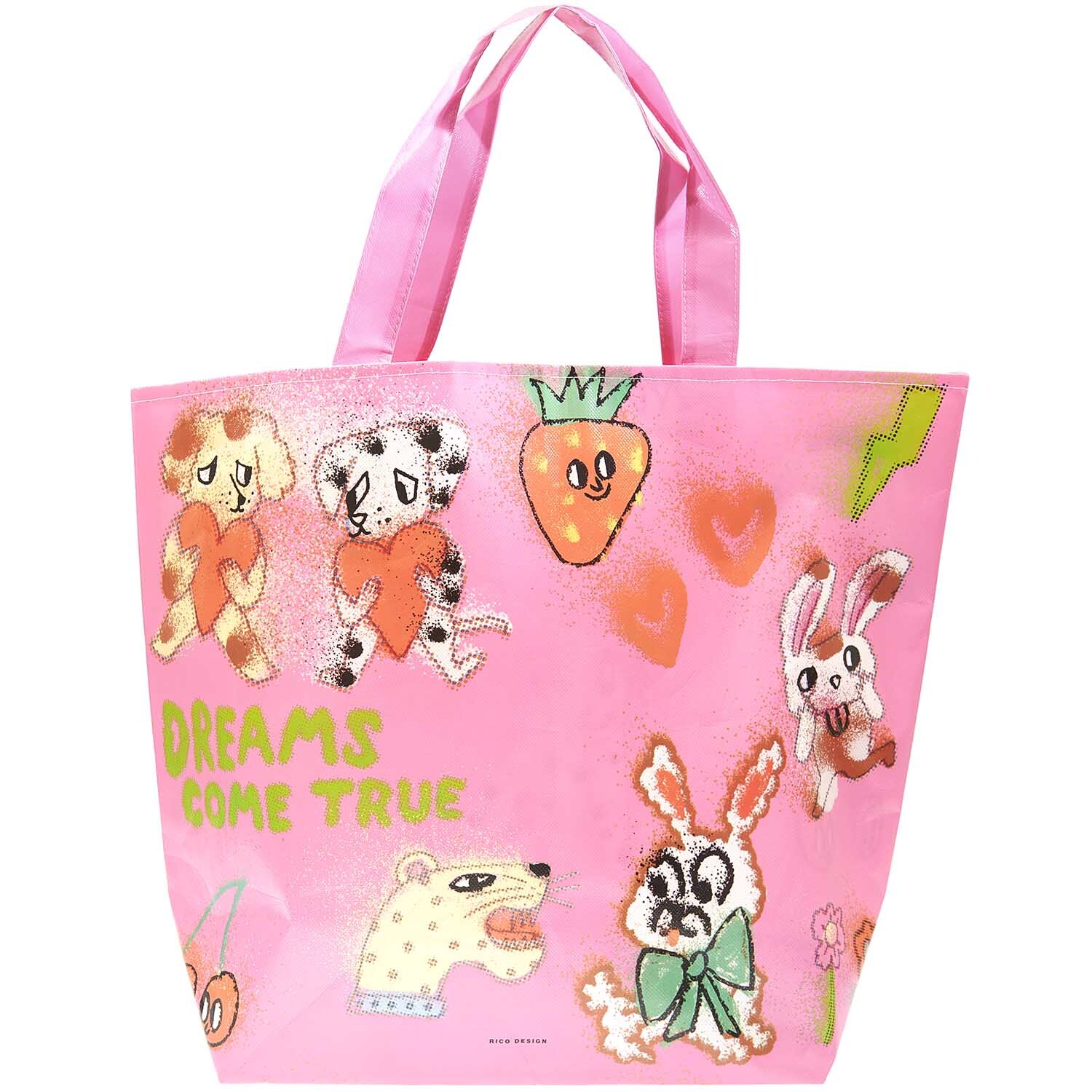 Paper Poetry Shopper Airbrush rosa mit bunten Cartoon-Motiven und dem Schriftzug "Dreams Come True". Ideal für stilvolle Einkäufe.