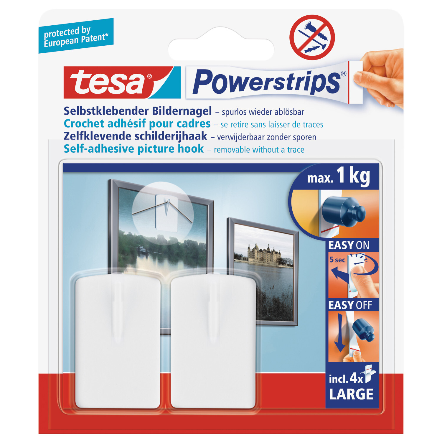 tesa Powerstrips large: Vier große, weiße Klebestreifen von tesa, ideal für rückstandsfreies Befestigen.