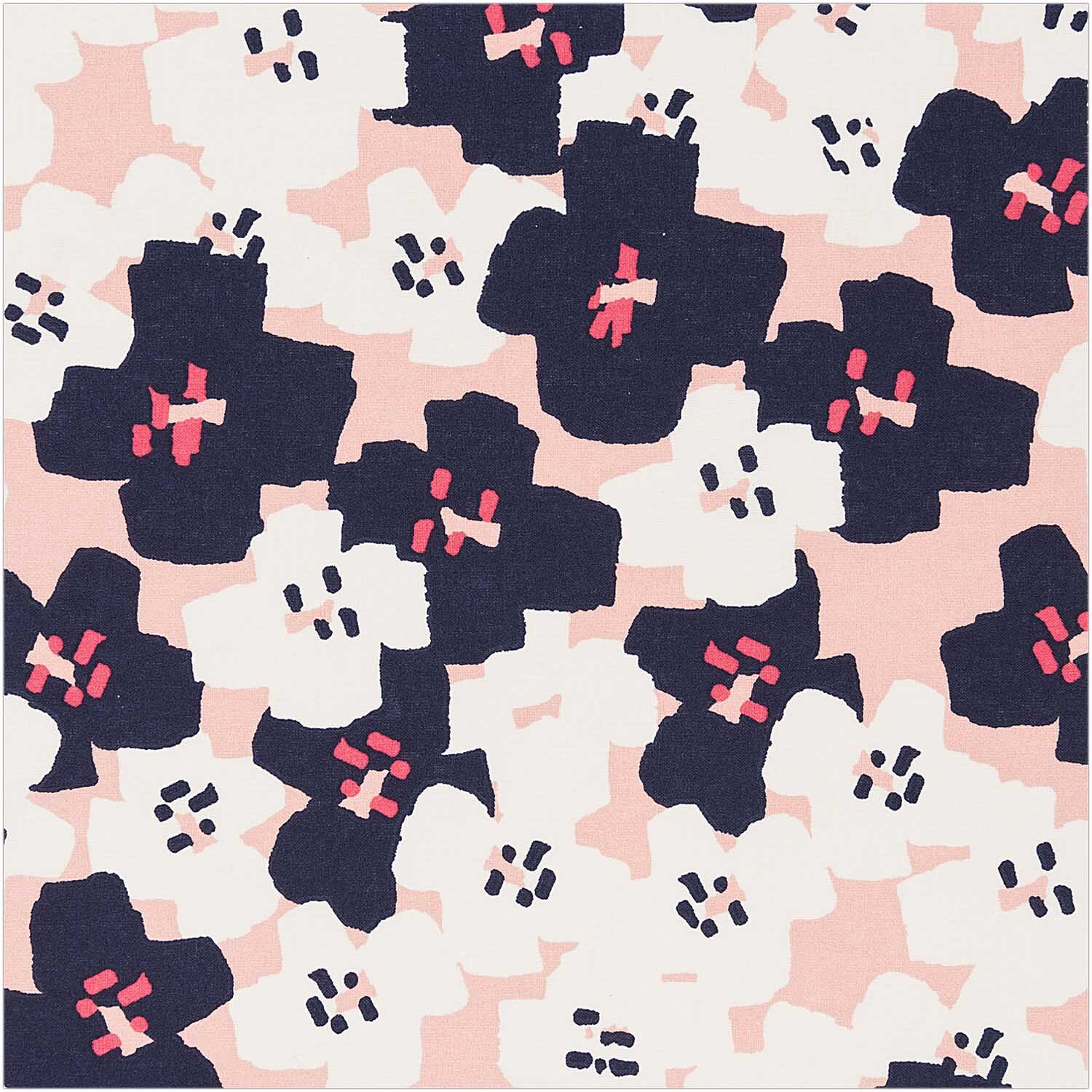 Druckstoff Okina Hana mit kleinen Blumen in pink und schwarz von Rico Design, zeigt ein lebendiges Muster.