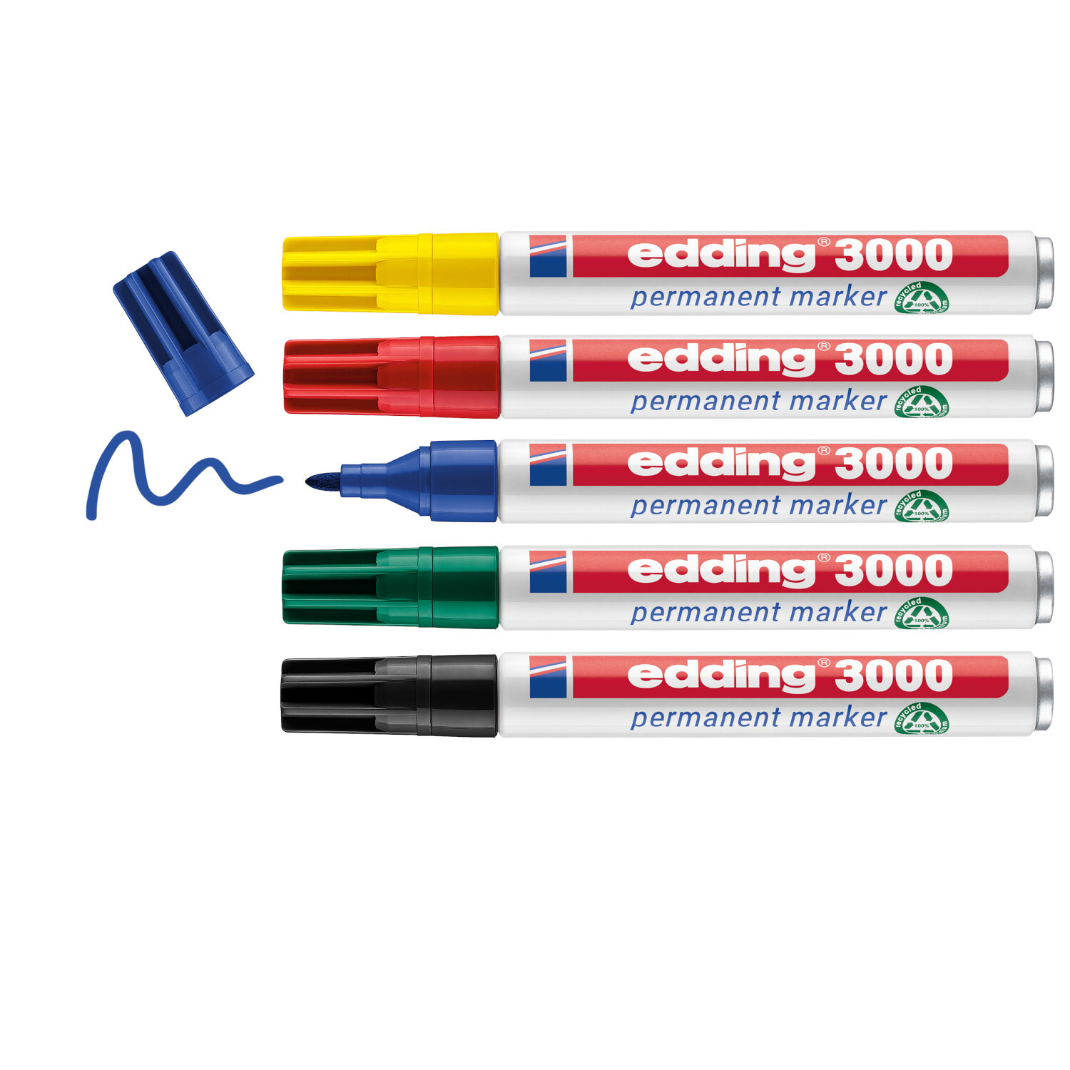Edding 3000 Permanent Marker Set, 5-teilig, in Rot, Blau, Grün, Schwarz und Gelb, ideal für dauerhaftes Beschriften auf verschiedenen Oberflächen.