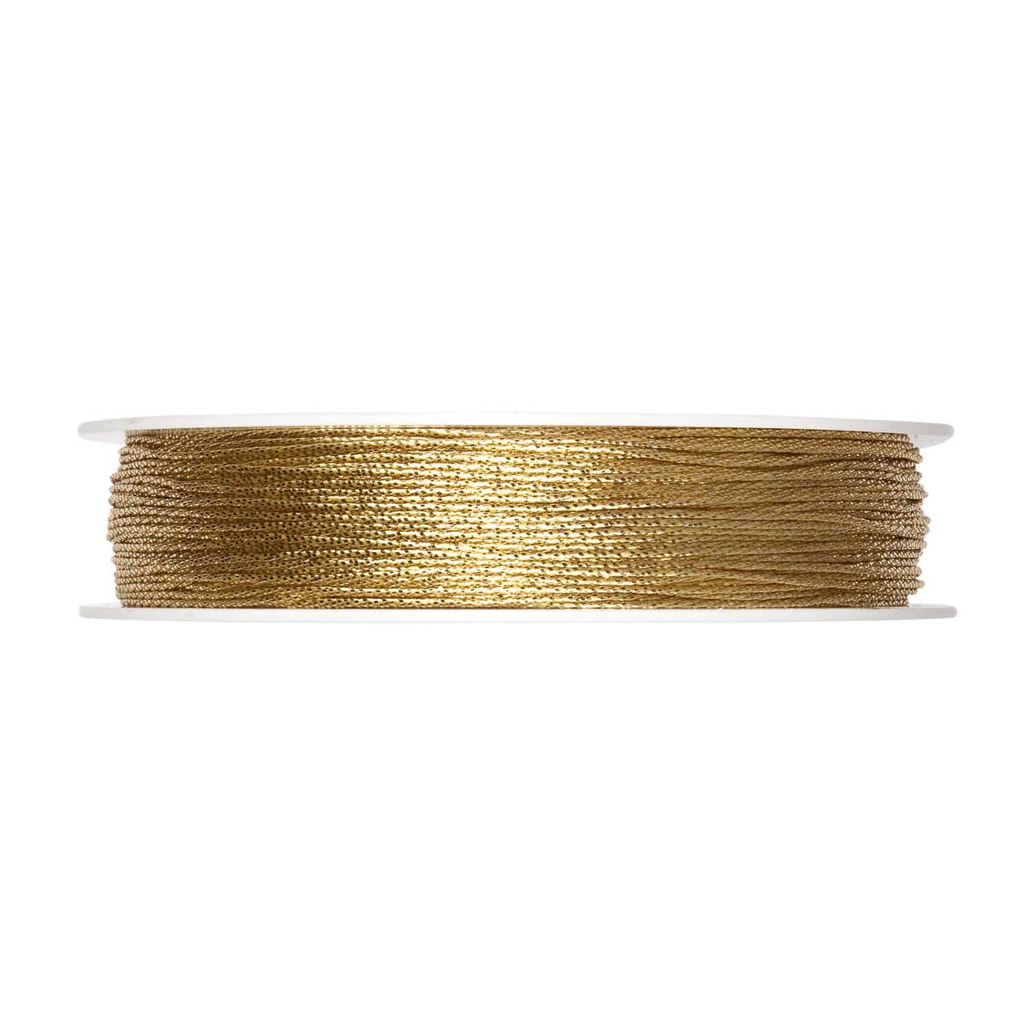 Kordel gold 1mm 30m: Eine goldene Kordel auf einer Spule, ideal für kreative Bastelprojekte. Marke: Halbach.
