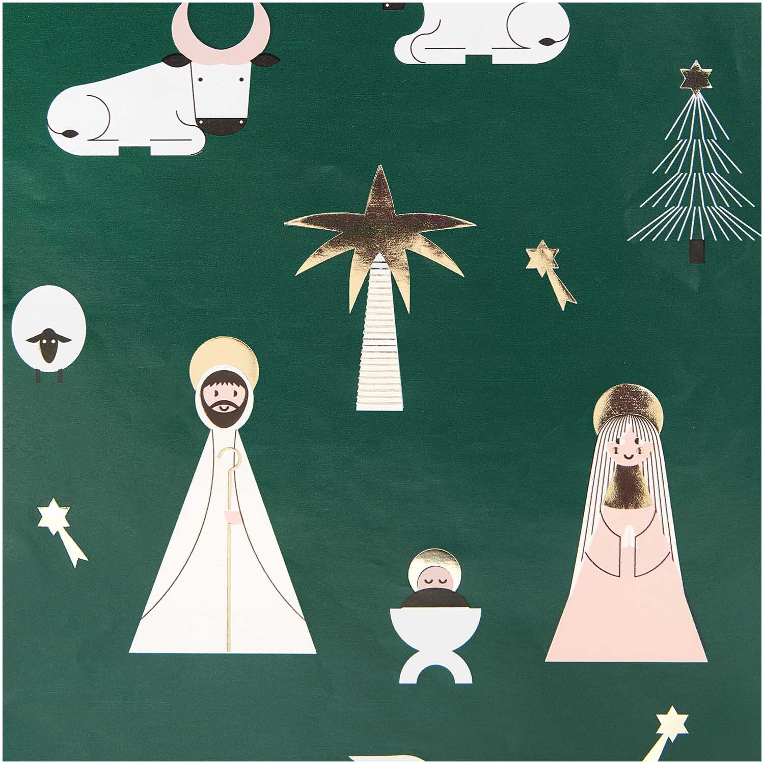 Paper Poetry Geschenkpapier Weihnachtskrippe zeigt eine Krippenszene mit Figuren und Tieren auf grünem Hintergrund. Ideal für festliche Anlässe.