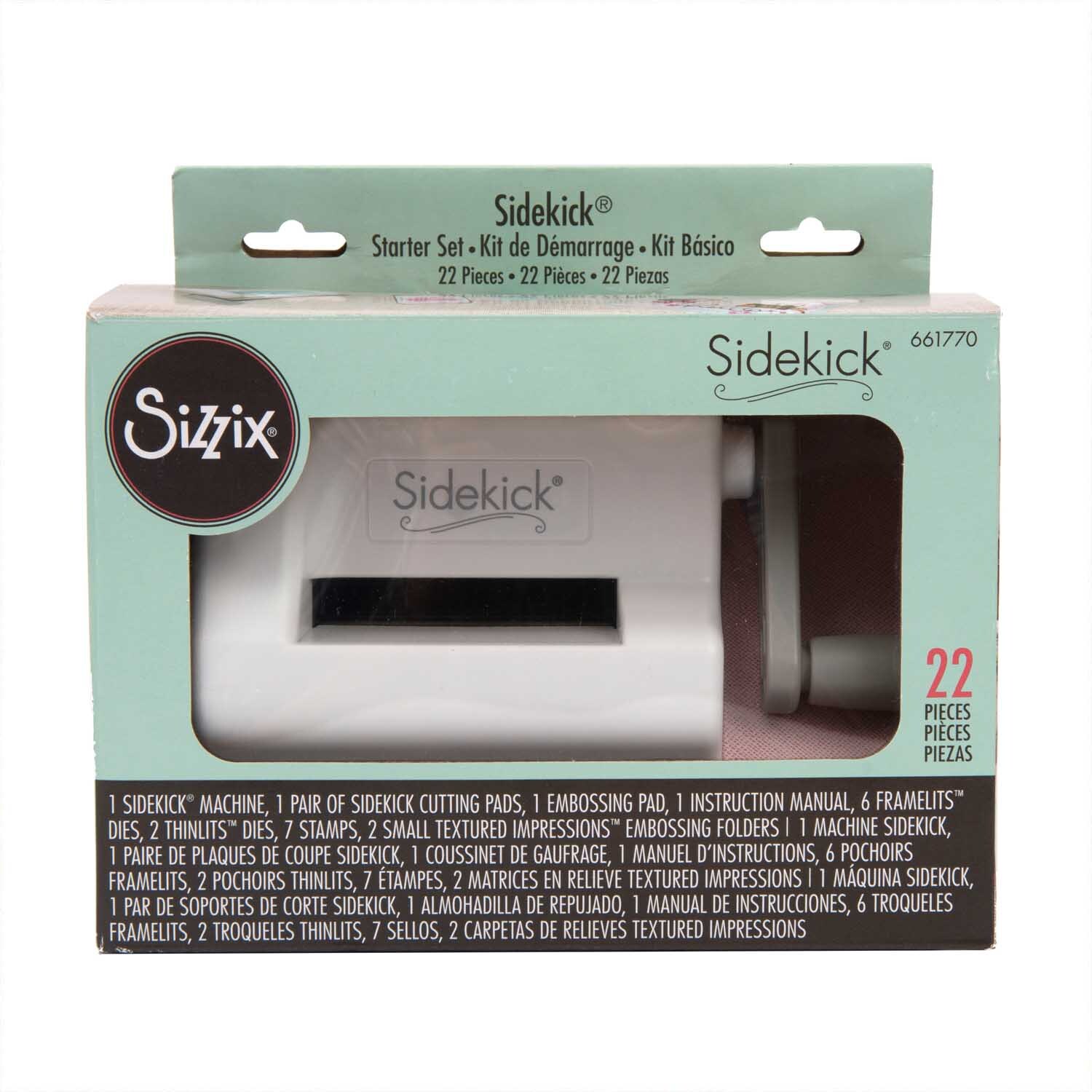 Sidekick Starter Kit 19,7x9,4x13,9cm von Sizzix in Verpackung, zeigt die weiße Schneidemaschine mit Zubehör.