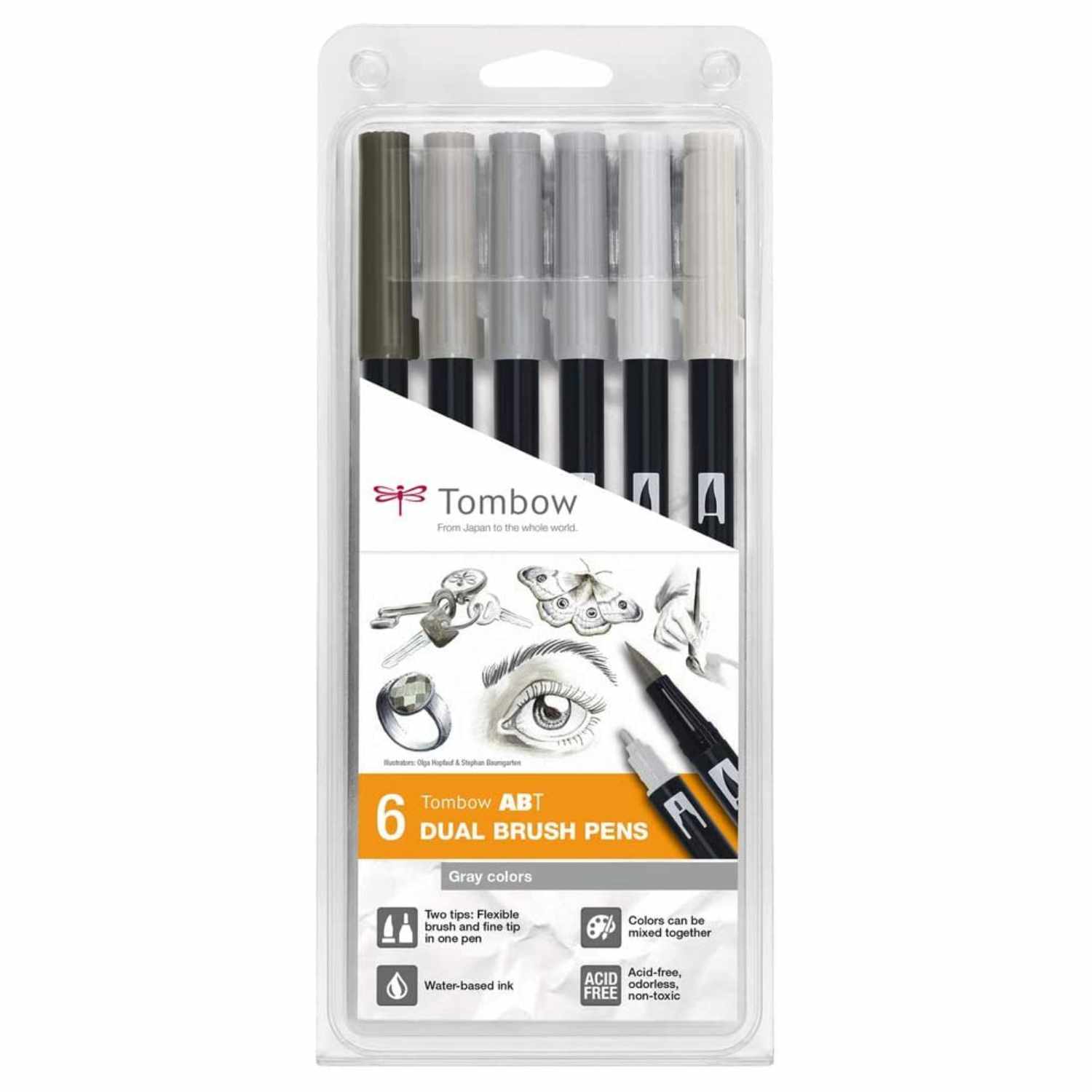 ABT Dual Brush Pen-Set Gray Colours, 6-teilig, zeigt graue Stifte in einer transparenten Verpackung. Ideal für Zeichnungen und Skizzen.