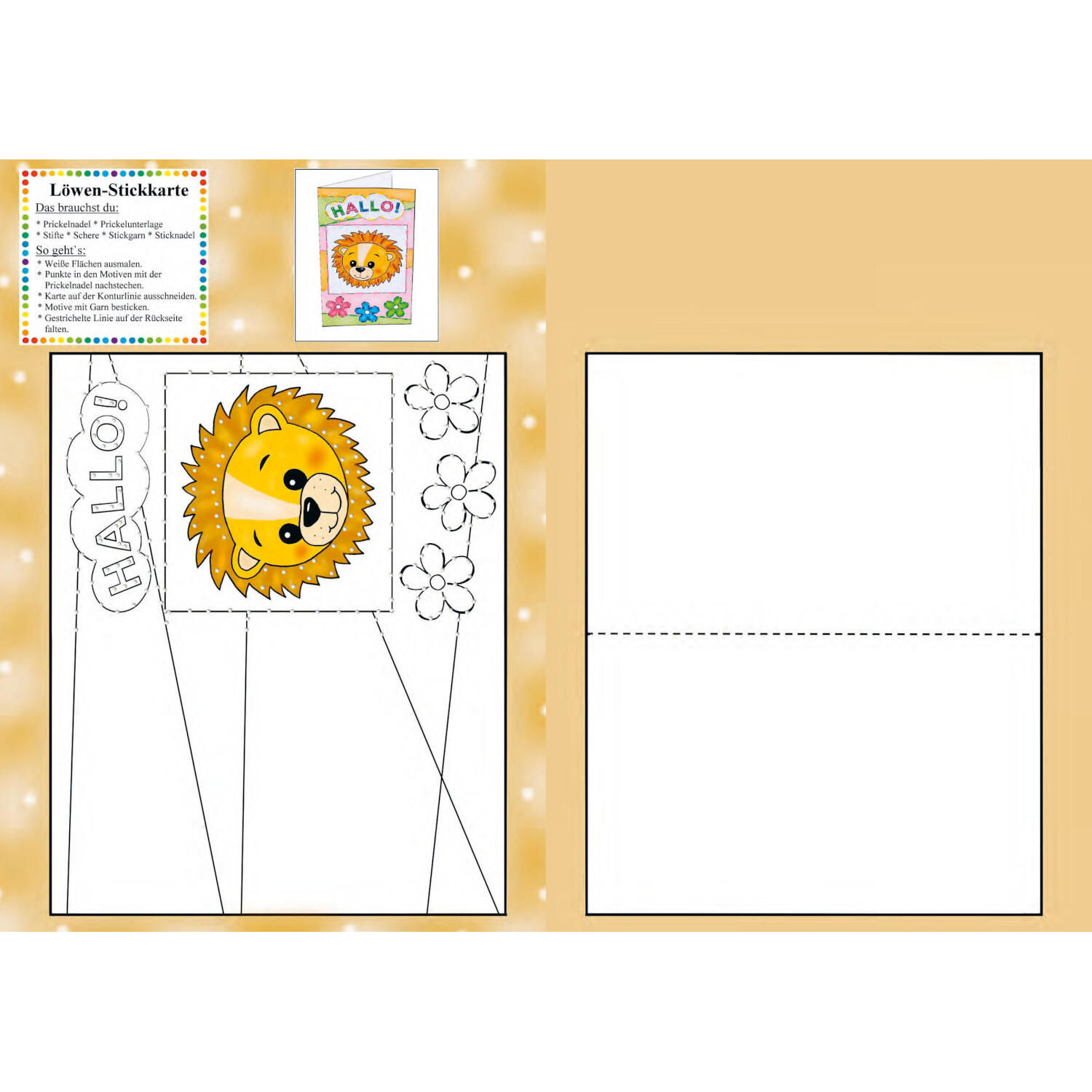 Mein Prickel-Bastelbuch: Löwen-Stickkarte zum Ausmalen und Basteln, ideal für kreative Kinder.
