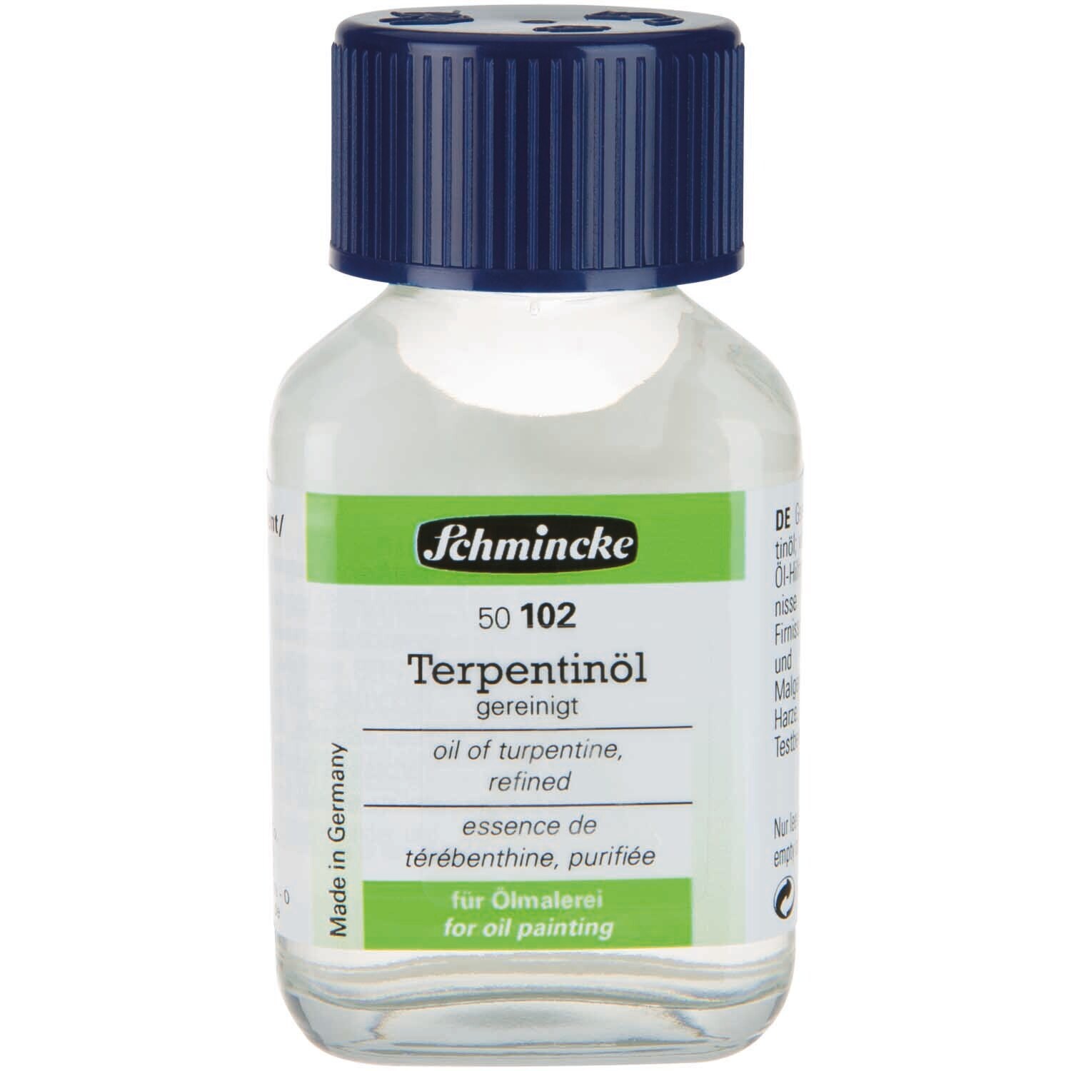 Terpentinöl gereinigt 60ml von Schmincke in einer klaren Flasche mit blauem Deckel, ideal für Ölmalerei.