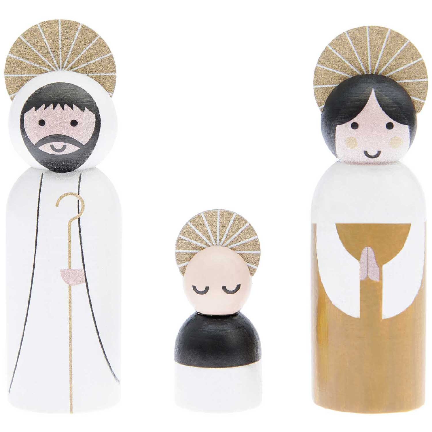 Voll-Holz-Krippen-Figuren natur, 3-teilig, zeigen stilisierte Figuren in Weiß und Gold mit Heiligenscheinen.