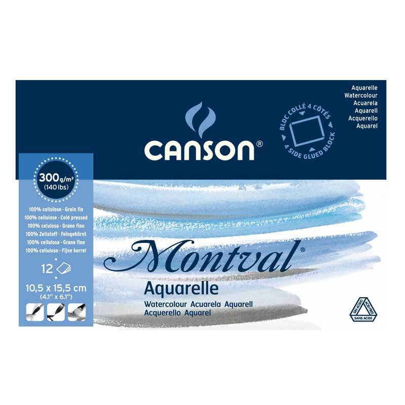 Montval Aquarell Block 12 Blatt von Canson mit blauen und grauen Pinselstrichen auf dem Cover. Ideal für Aquarellmalerei.