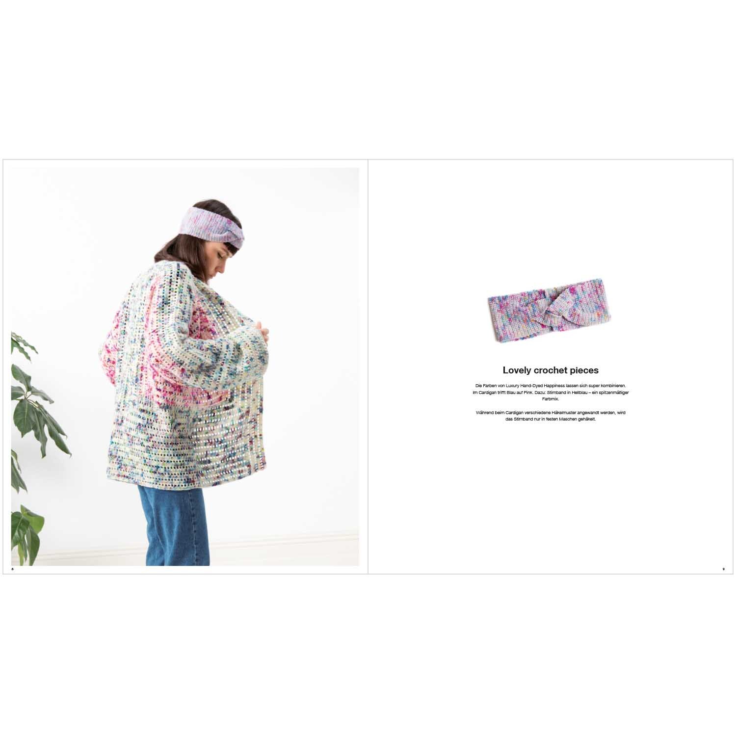 Luxury Hand-Dyed Happiness Special: Frau trägt gestrickte Jacke in Pastelltönen, Marke Rico Design.